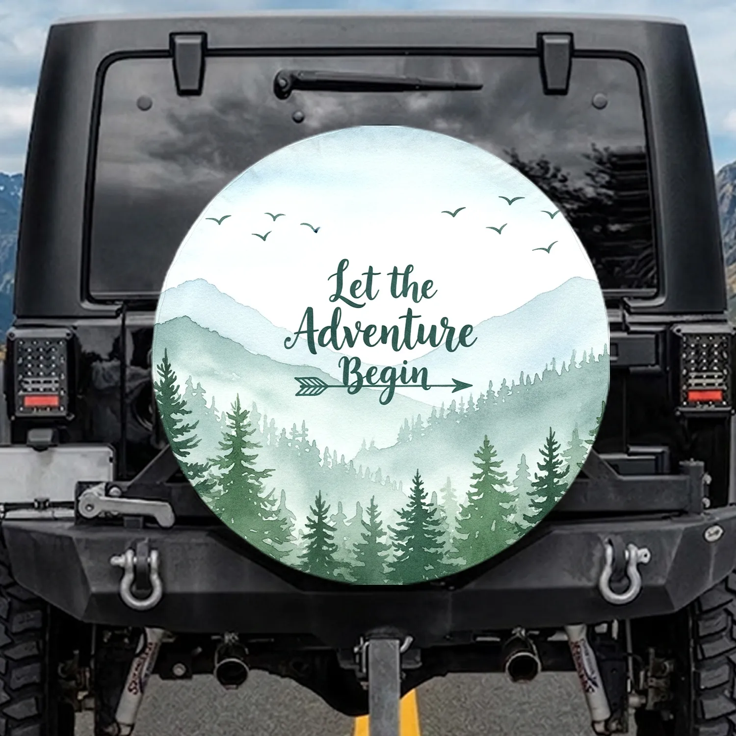 Adventure Begin Text Misty Mountain Pine Forest Birds - Adventure Lover Gift Spare Tire Cover - 1