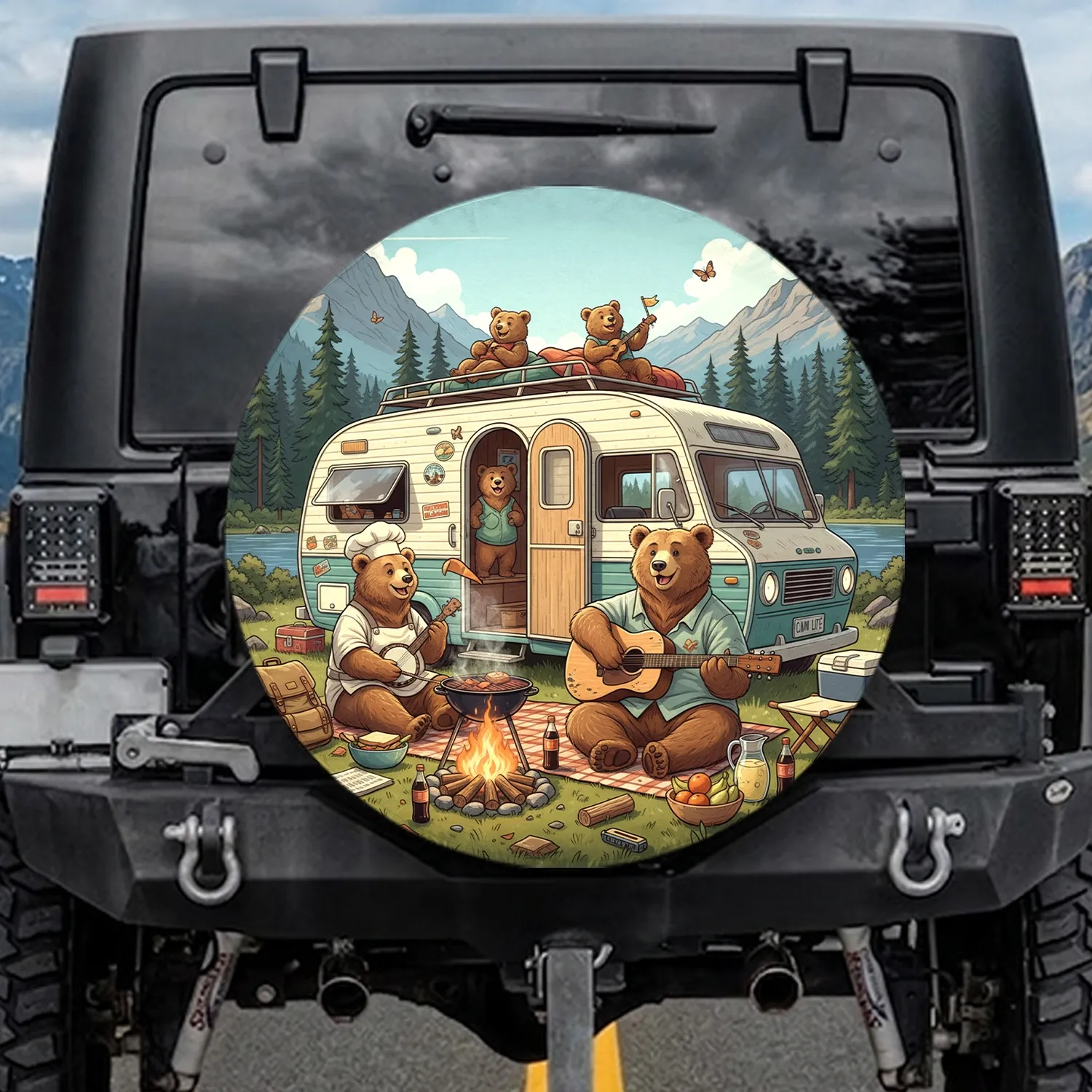 Bear Family Camping RV Adventure - Outdoor Travel Gift for RV Owners Spare Tire Cover - 1