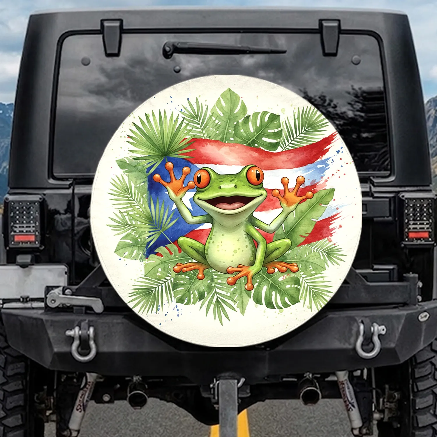 Waving Green Frog Puerto Rican Flag Tropical Palm Leaves - Home Decor Gift Spare Tire Cover - 1