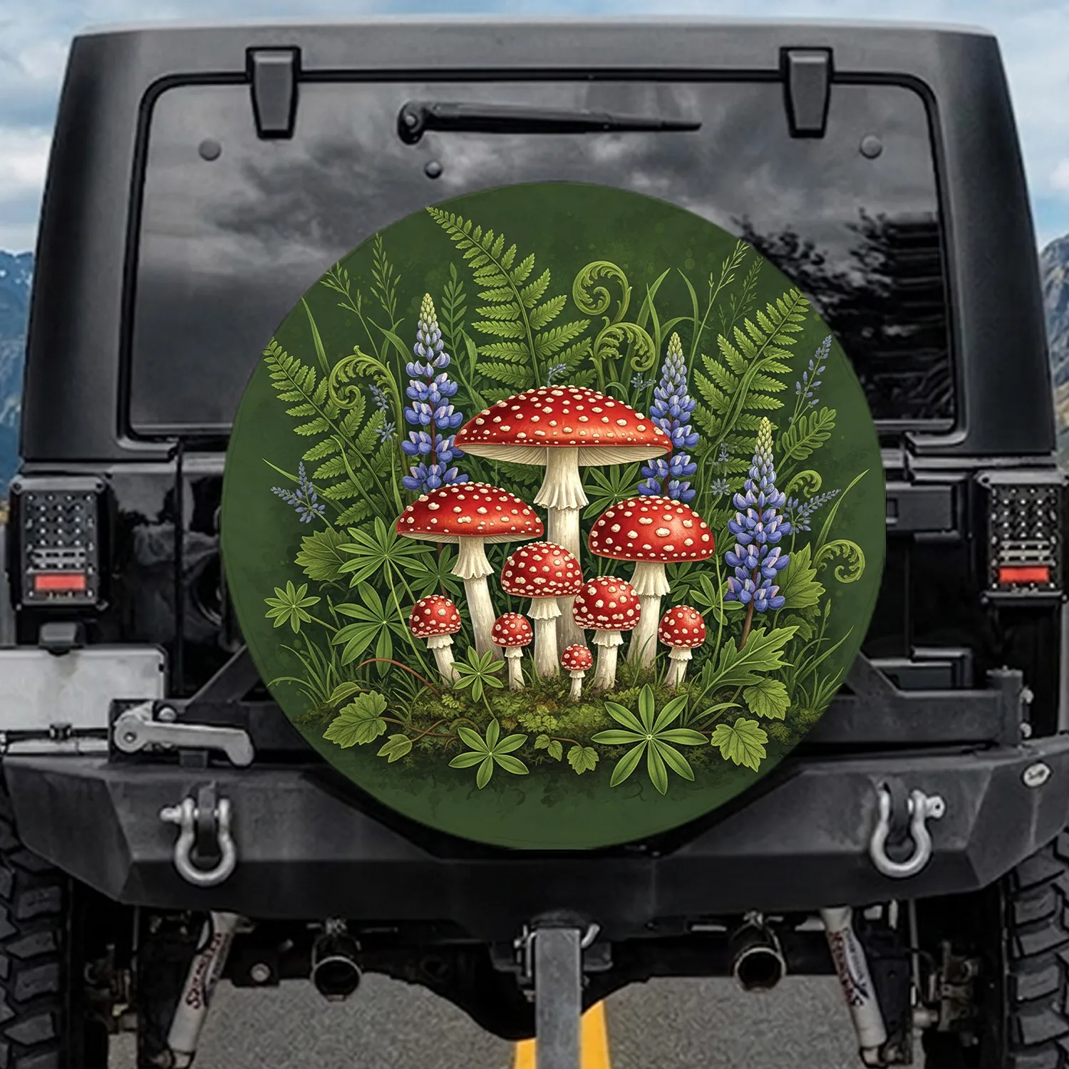 Vibrant Red Mushroom Cluster Forest Ferns Blue Lupine Flowers - Woodland Decor Gift Spare Tire Cover - 1