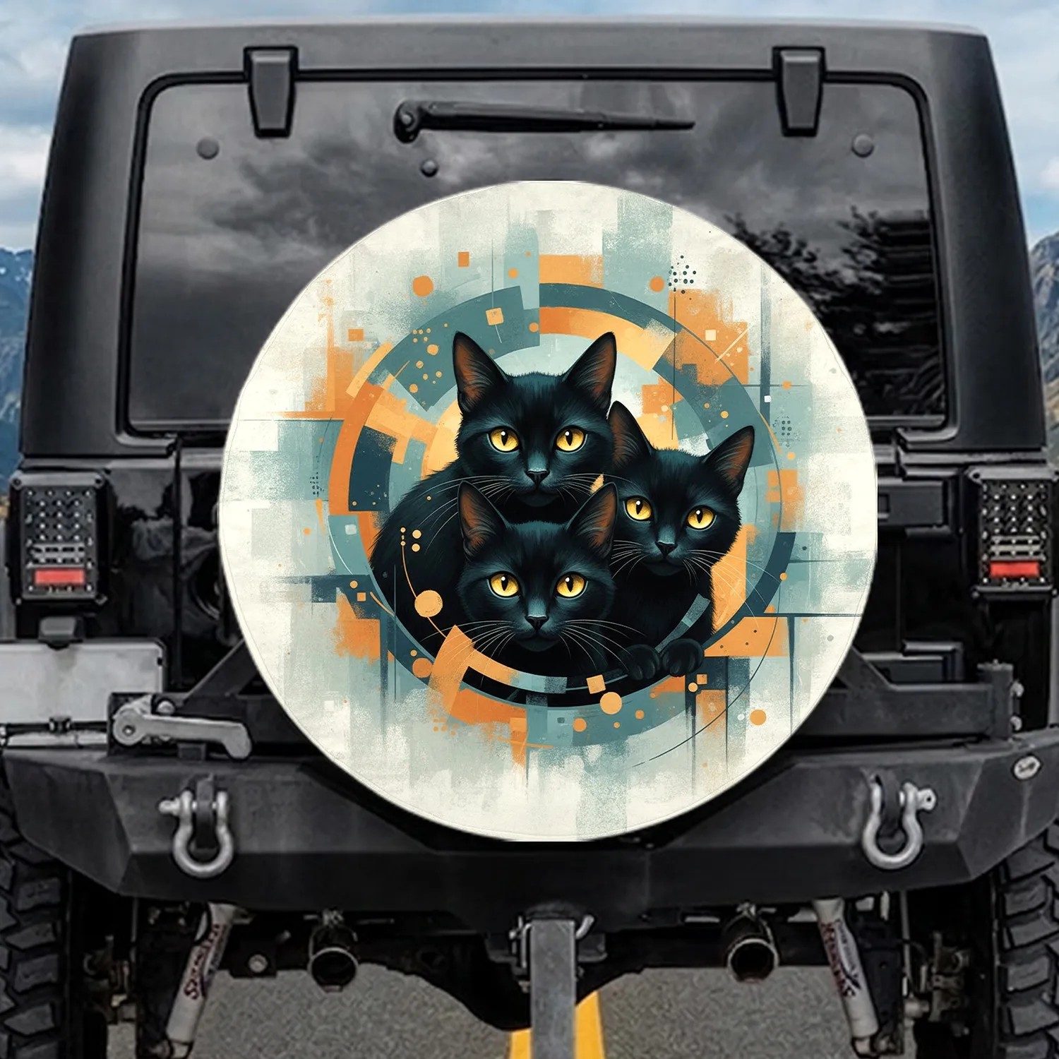 Black Cats Wide-Open Yellow Eyes Teal Ochre Orange Field - Outdoor Decor Gift for Cat Lover Spare Tire Cover - 1