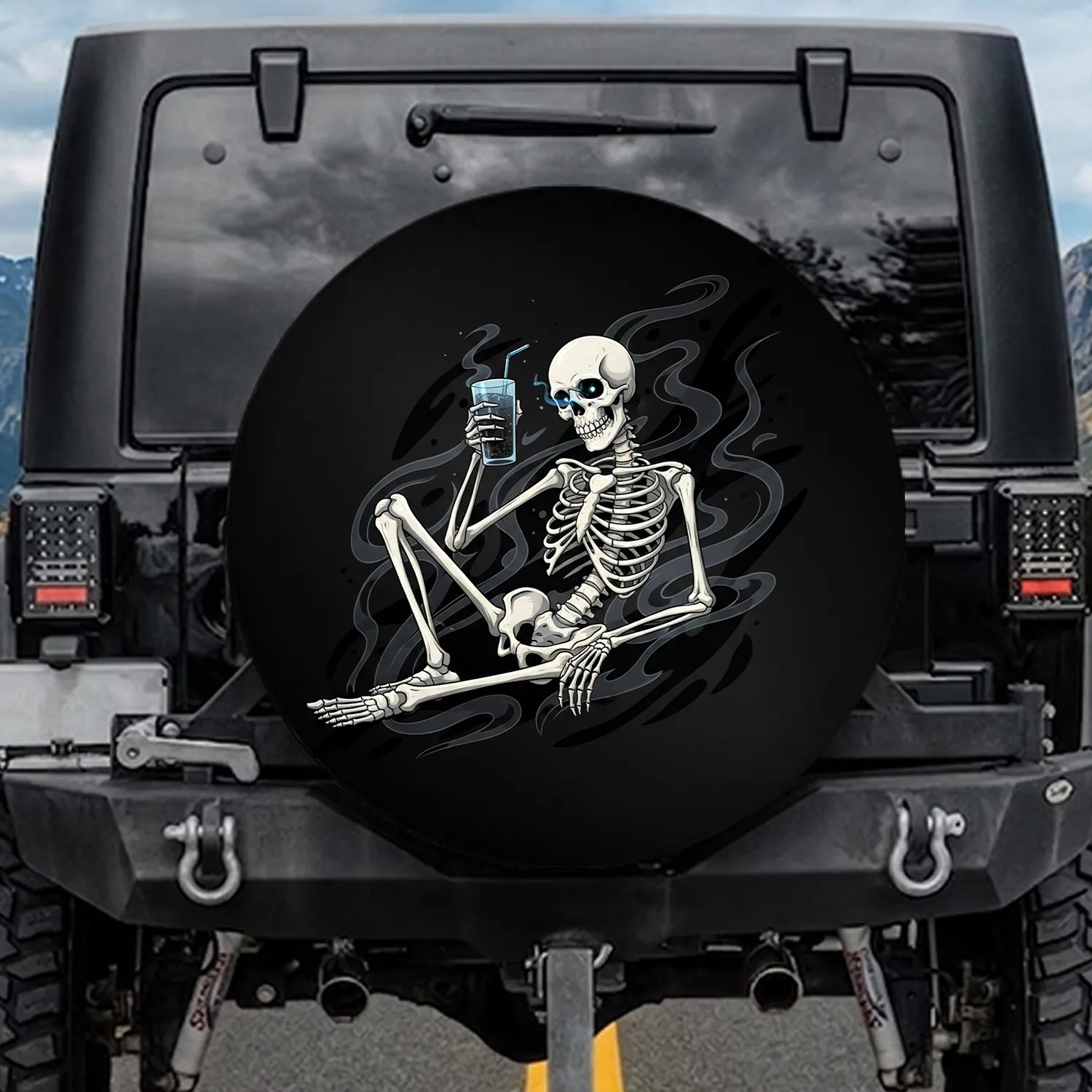Black White Grey Skeleton Reclining Drink - Automotive Accessory Gift Spare Tire Cover - 1