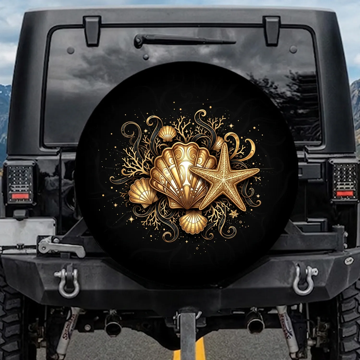 Scallop Shell Starfish Gold Coral Seaweed - Vehicle Decor Gift for Ocean Lover Spare Tire Cover - 1