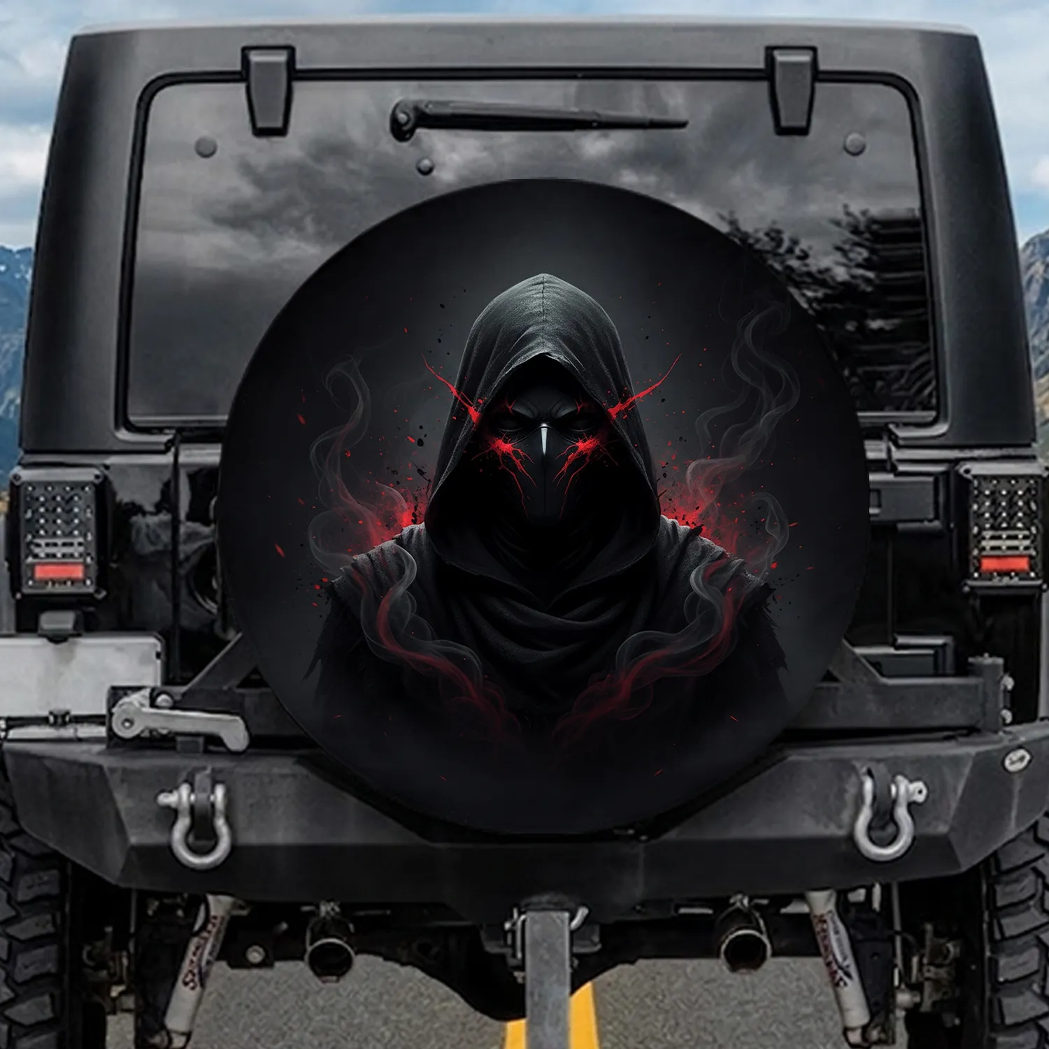Mysterious Cloaked Figure Crimson Splatters - Gothic Lover Gift Spare Tire Cover - 1