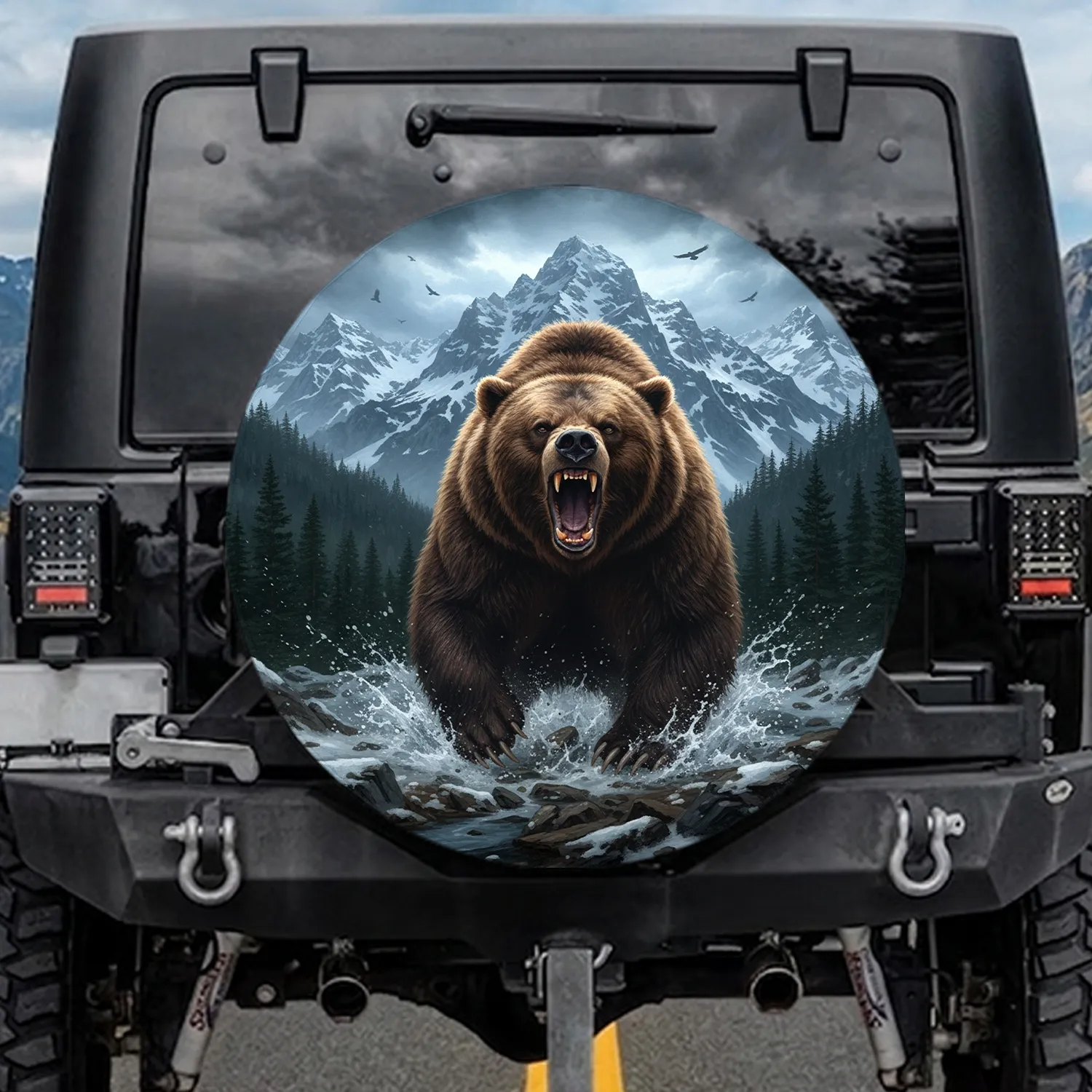 Charging Grizzly Bear Roaring Stormy Mountain Forest - Outdoor Adventure Gift Spare Tire Cover - 1