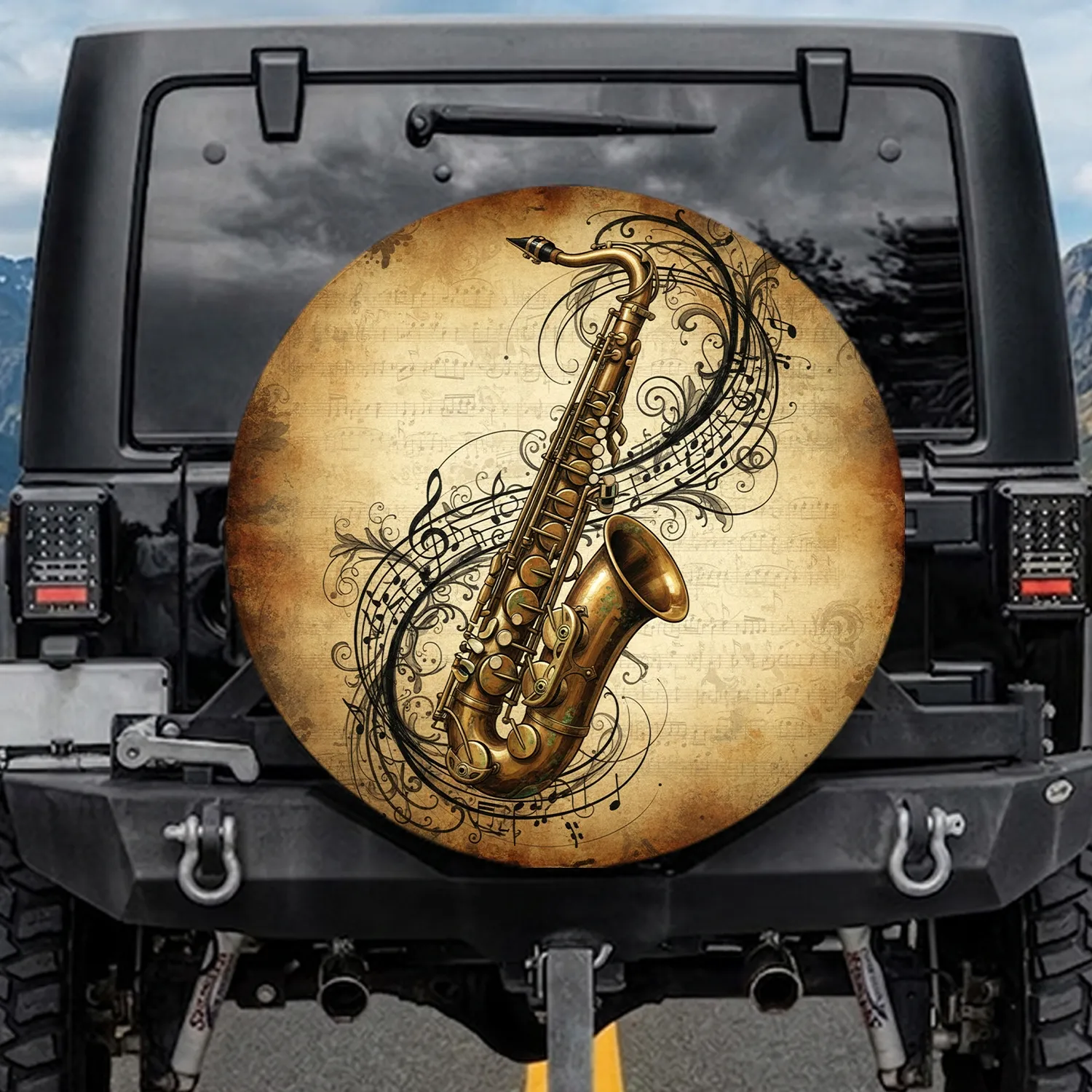 Vintage Bronze Saxophone Musical Notes Sheet Music Filigree - Music Lover Gift Spare Tire Cover - 1
