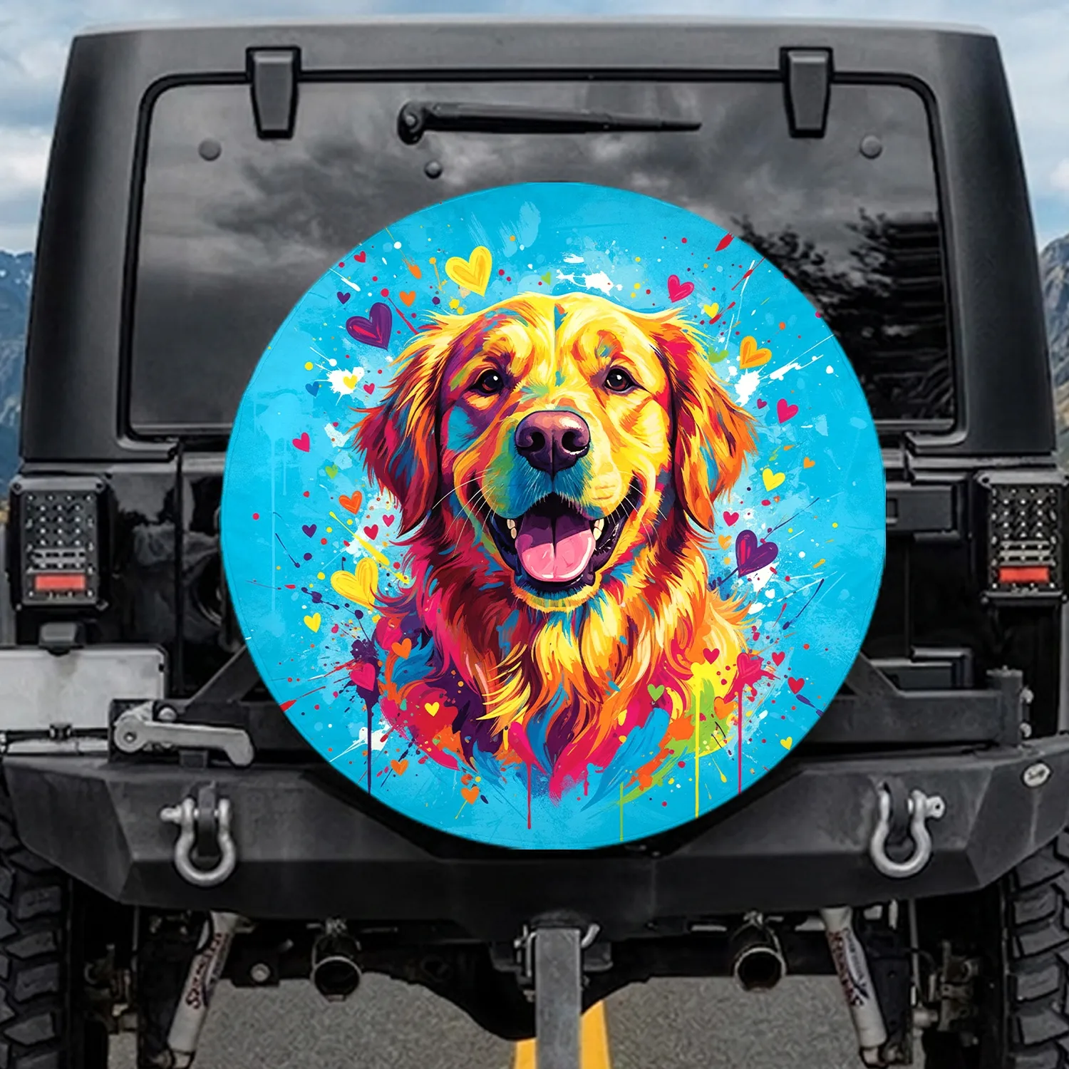 Kaleidoscope Smiling Dog Portrait Hearts Paint Splatter - Home Decor Dog Lover Gift Spare Tire Cover - 1