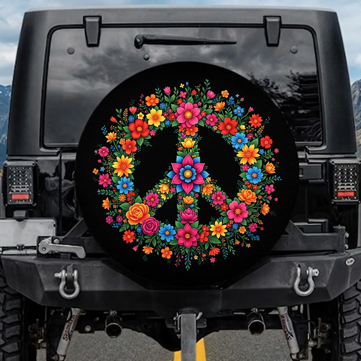Floral Peace Sign Blossoms Leaves Midnight Black Background - Boho Lifestyle Home Decor Gift Spare Tire Cover - 1
