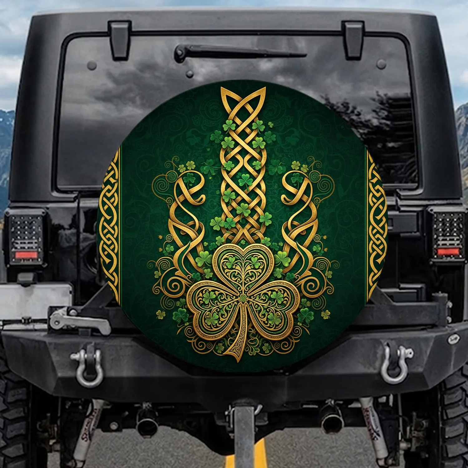 Emerald Green Golden Celtic Knotwork Clover Shamrocks - Irish Heritage Celebration Gift Spare Tire Cover - 1