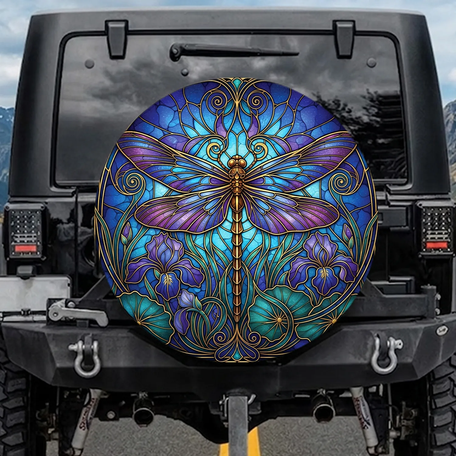 Art Nouveau Stained Glass Dragonfly Botanical - Home Decor Gift for Dragonfly Lovers Spare Tire Cover - 1