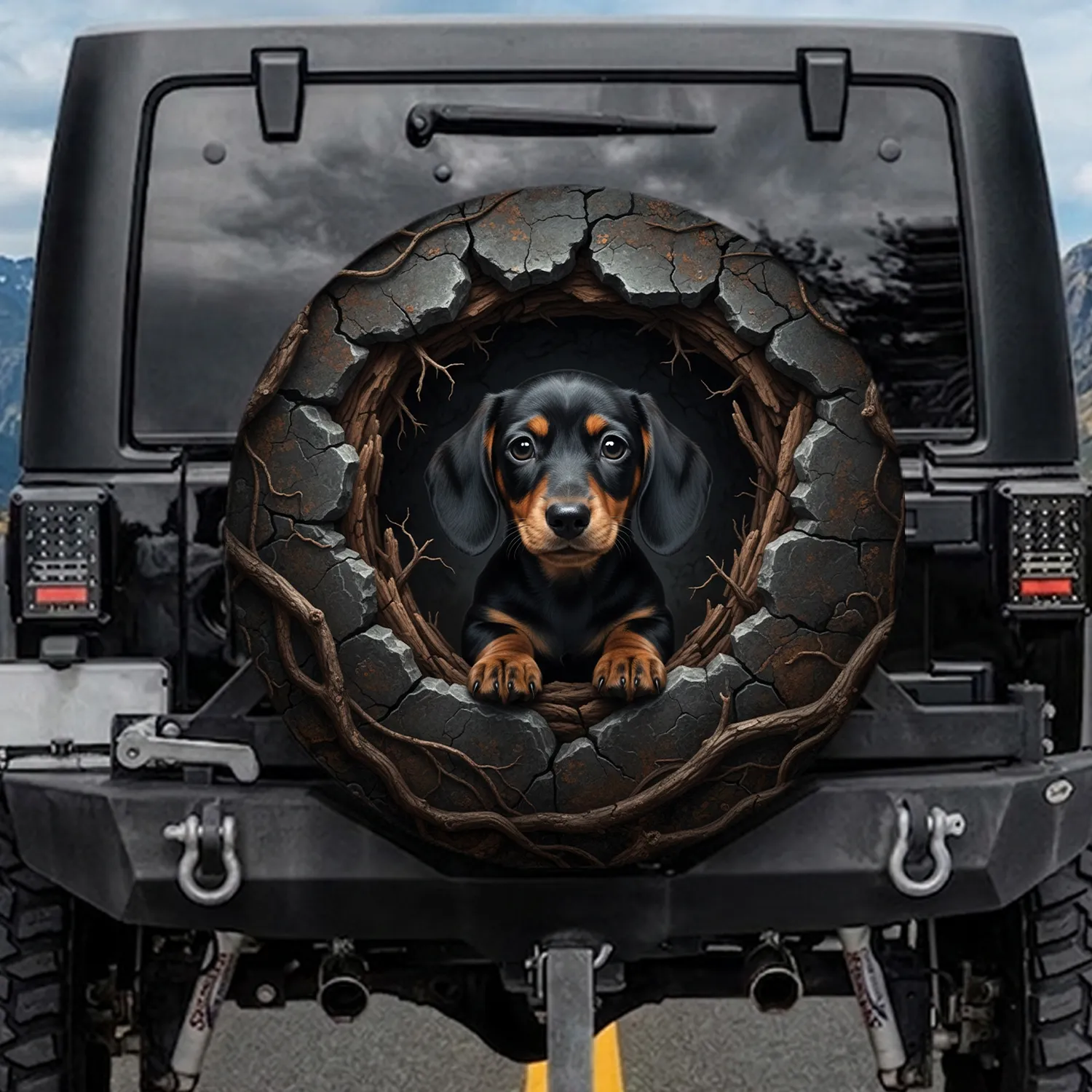 Dachshund Puppy Dark Den Wood Cracks - Dog Lover Gift Spare Tire Cover - 1