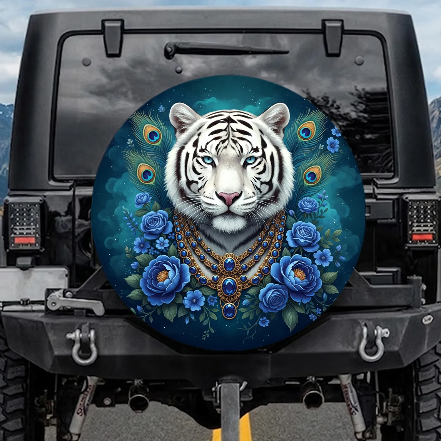 Majestic White Tiger Gold Sapphire Necklace Peacock Feathers - Wildlife Lover Gift Spare Tire Cover - 1