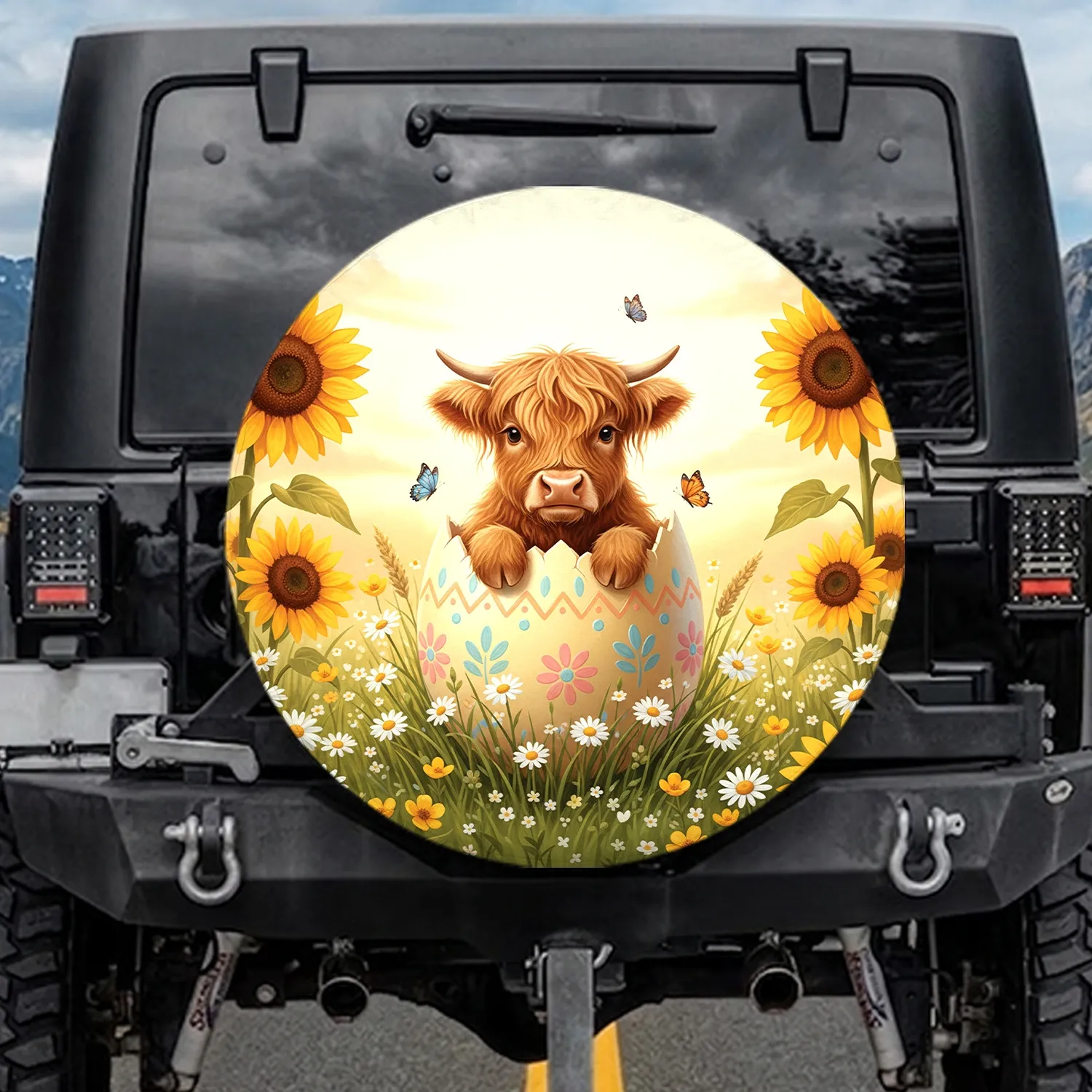 Baby Highland Cow Easter Egg Sunflowers - Spring Holiday Gift for Cow Lover Spare Tire Cover - 1