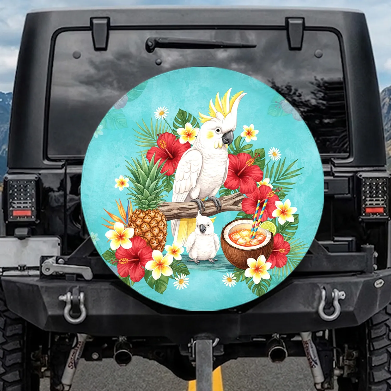 Cockatoos Pineapple Tropical Drink Hibiscus Plumeria Flowers - Wildlife Lover Gift Spare Tire Cover - 1