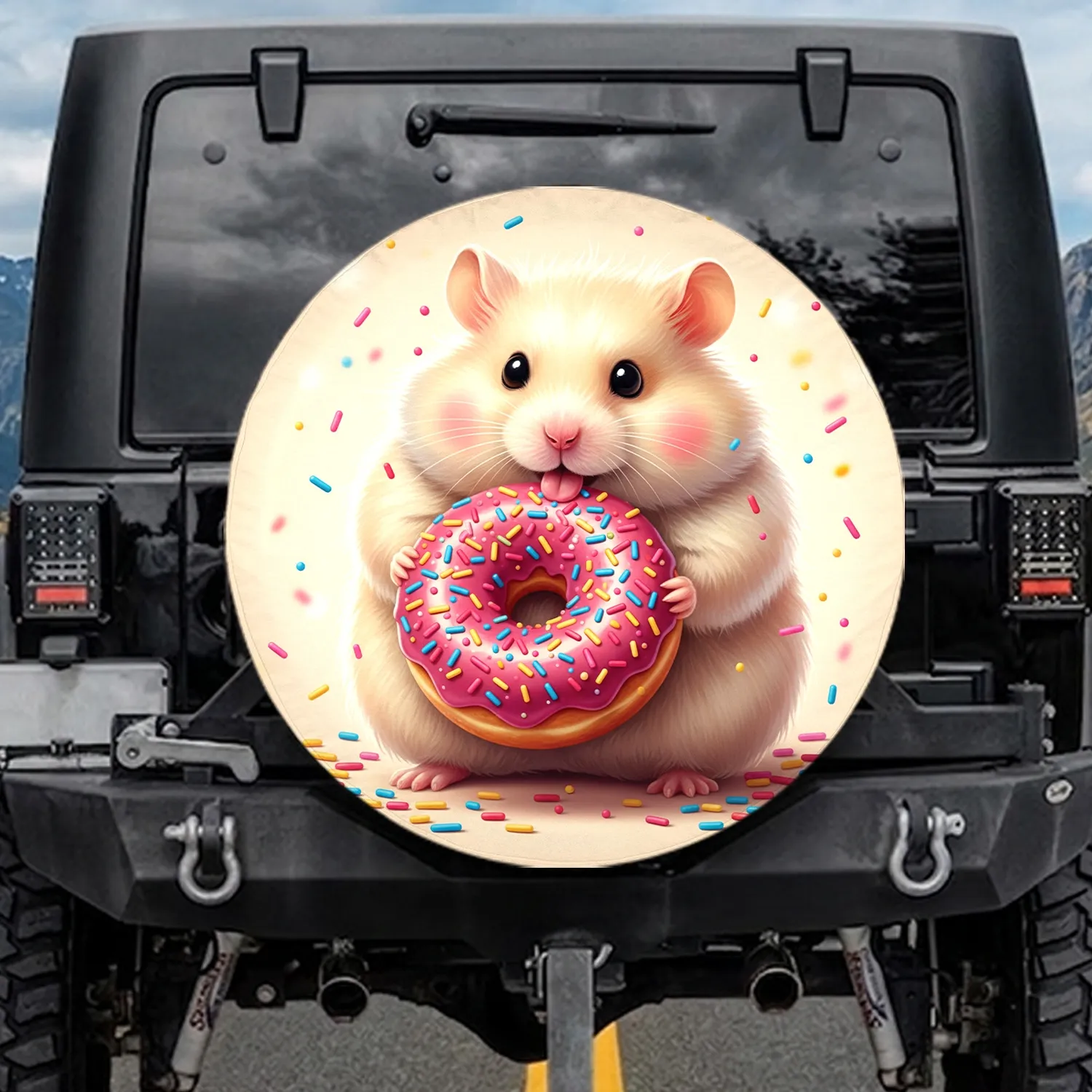 Fluffy Hamster Licking Pink Glazed Donut Rainbow Sprinkles - Sweet Treat Lover Gift Spare Tire Cover - 1