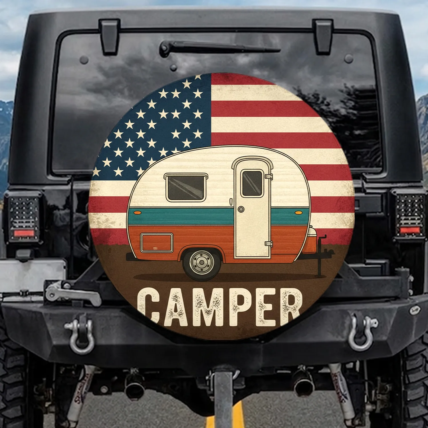 Vintage Teardrop Camper American Flag CAMPER Text - Travel Lifestyle Gift Spare Tire Cover - 1