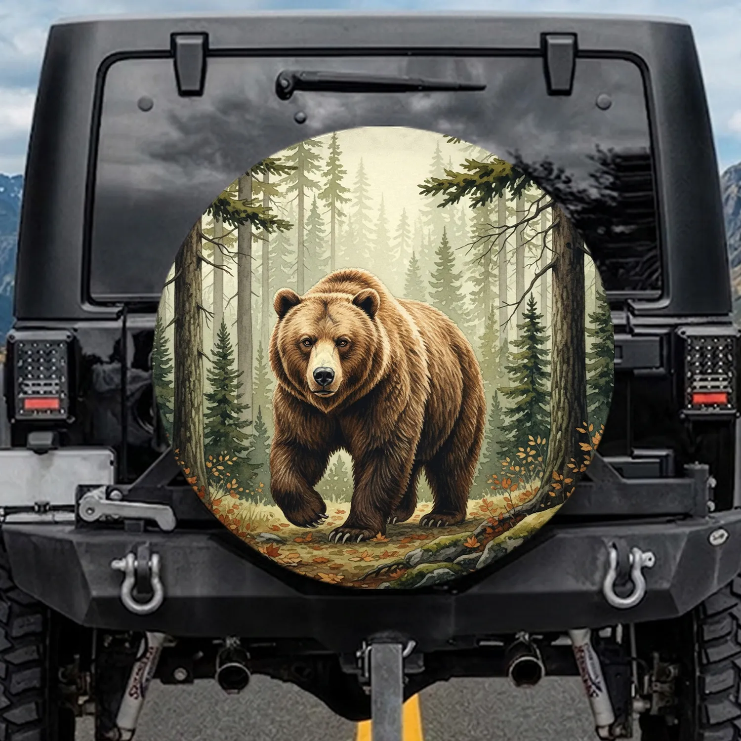 Majestic Brown Grizzly Bear Pine Fir Forest Wilderness Scene - Wildlife Lover Gift Spare Tire Cover - 1