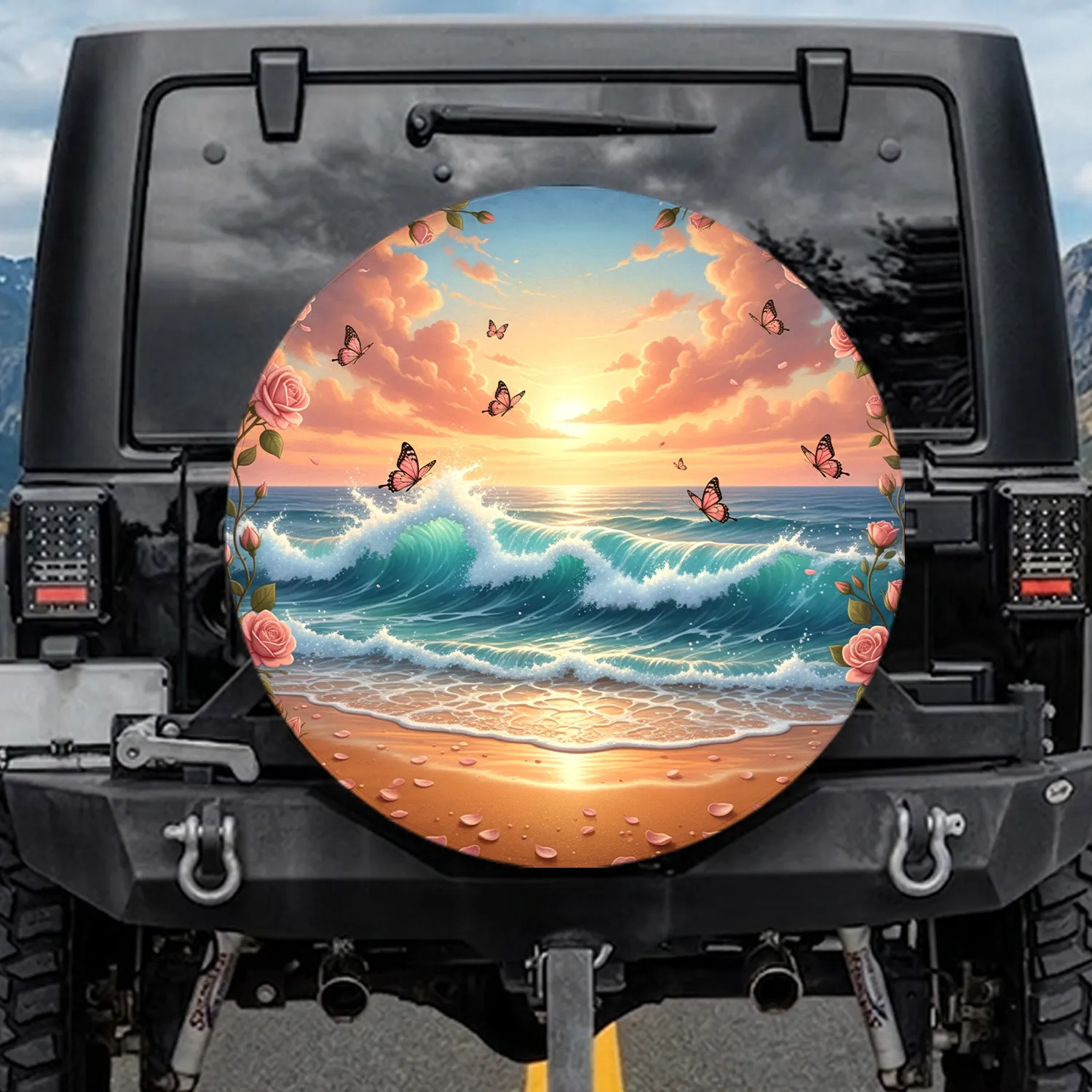 Teal Ocean Wave Golden Beach Pink Roses Butterflies Sunset - Nature Lover Gift Spare Tire Cover - 1
