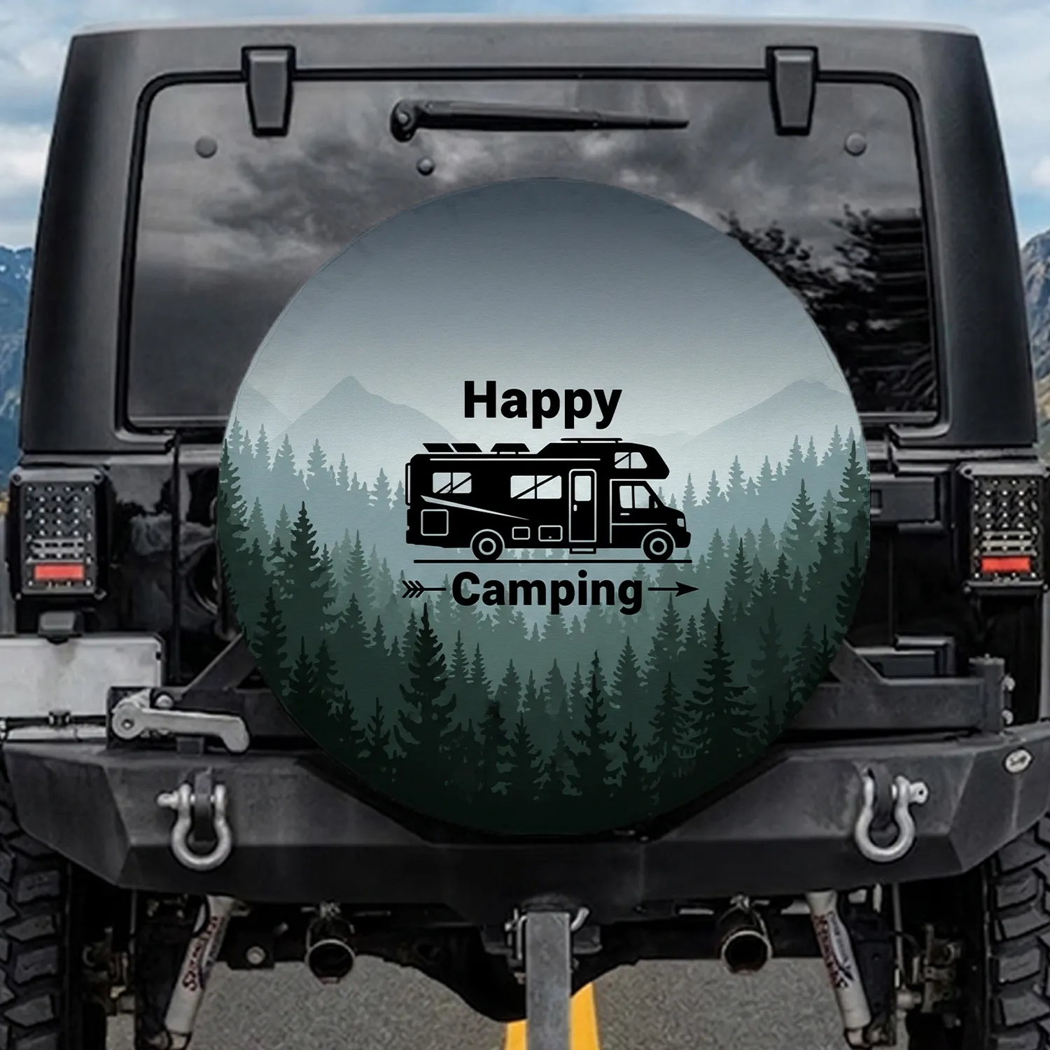 Happy Camping RV Motorhome Forest - Camping Lifestyle Gift for RV Owner Spare Tire Cover - 1