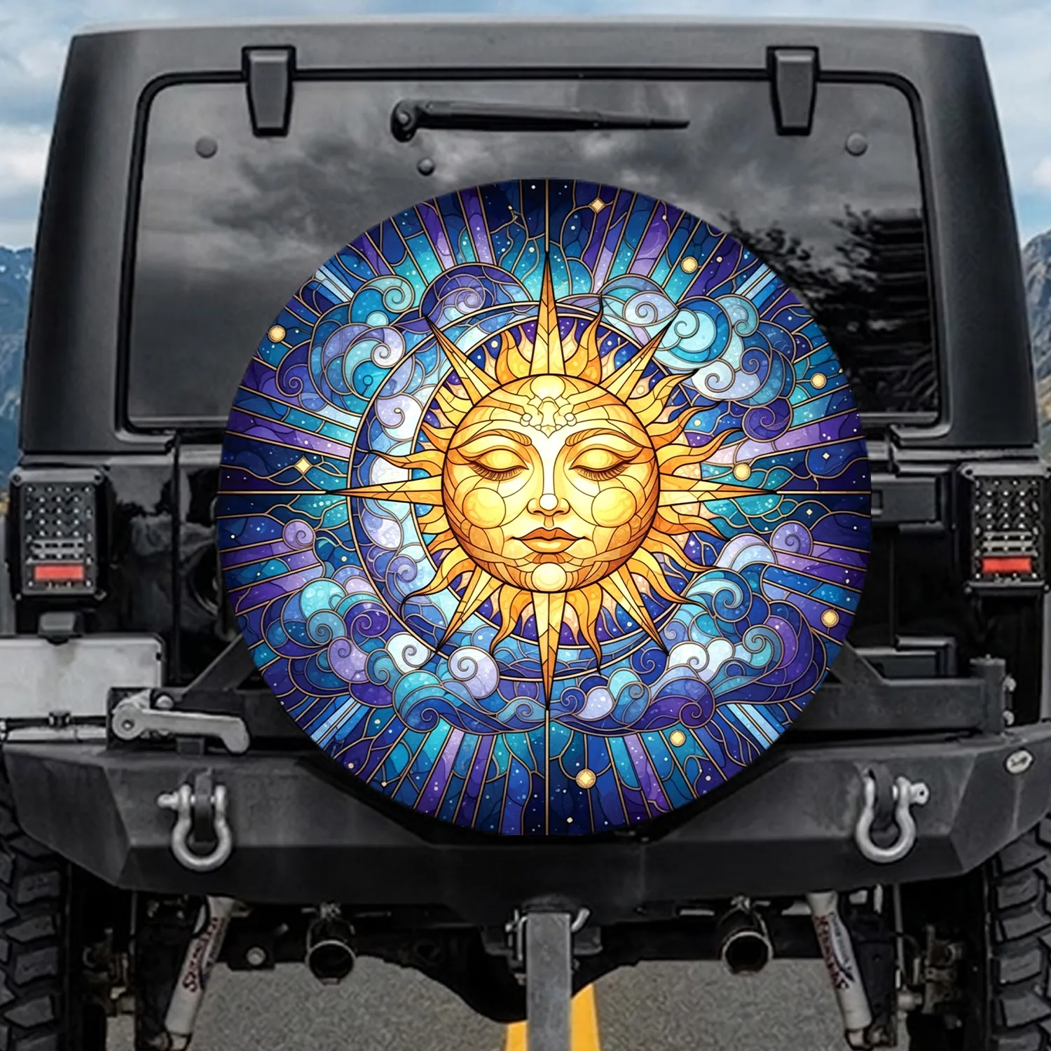 Celestial Sun Human Face Crescent Moon Clouds Nebulae Light Rays - Cosmic Lifestyle Gift Spare Tire Cover - 1