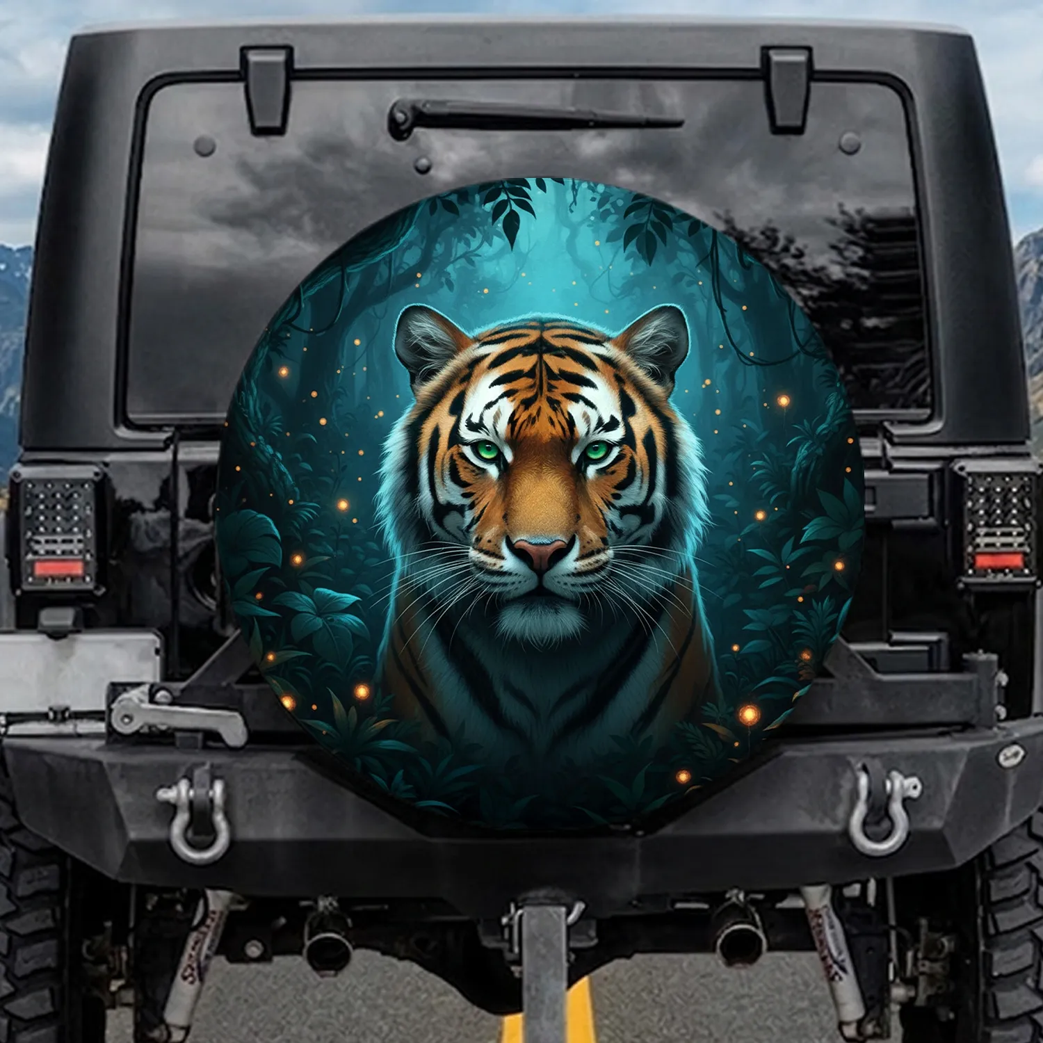 Bengal Tiger Head Jungle Foliage Mist Orbs Trees Night Sky - Wildlife Lover Gift Spare Tire Cover - 1