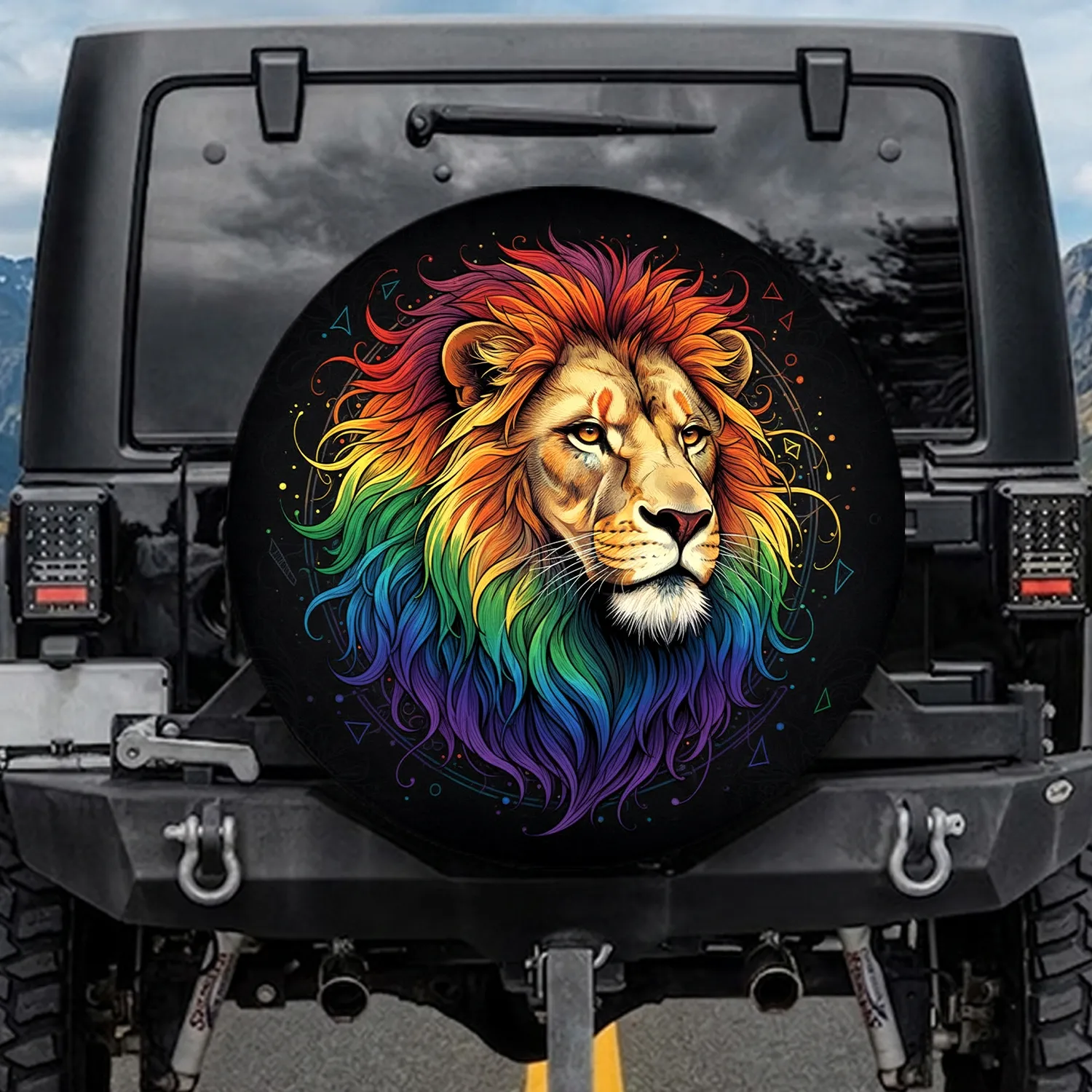 Lion Head Rainbow Mane Black Background - Wildlife Lover Gift Spare Tire Cover - 1