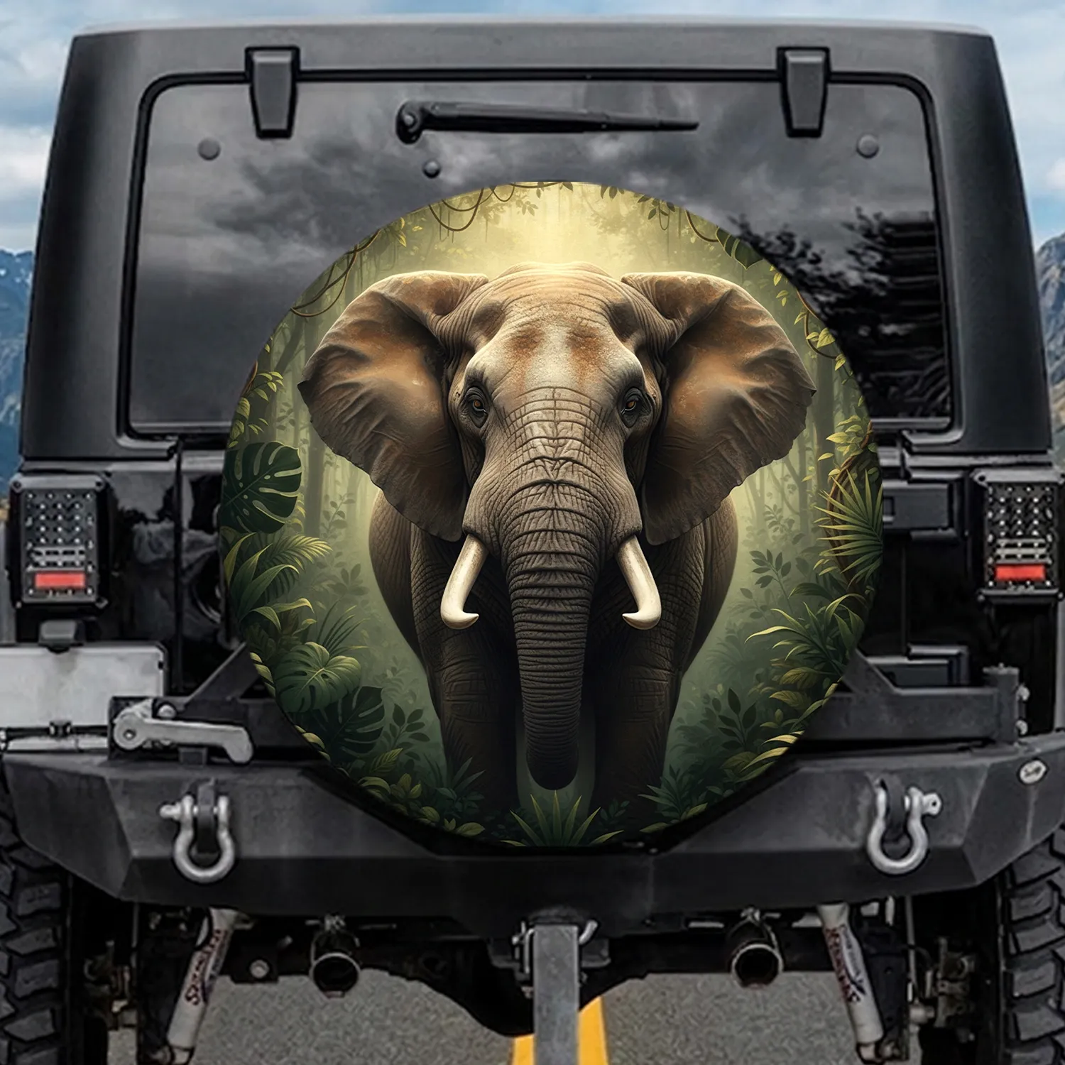 African Elephant Ivory Tusks Deep Jungle Rainforest Wildlife Lover Gift Spare Tire Cover - 1