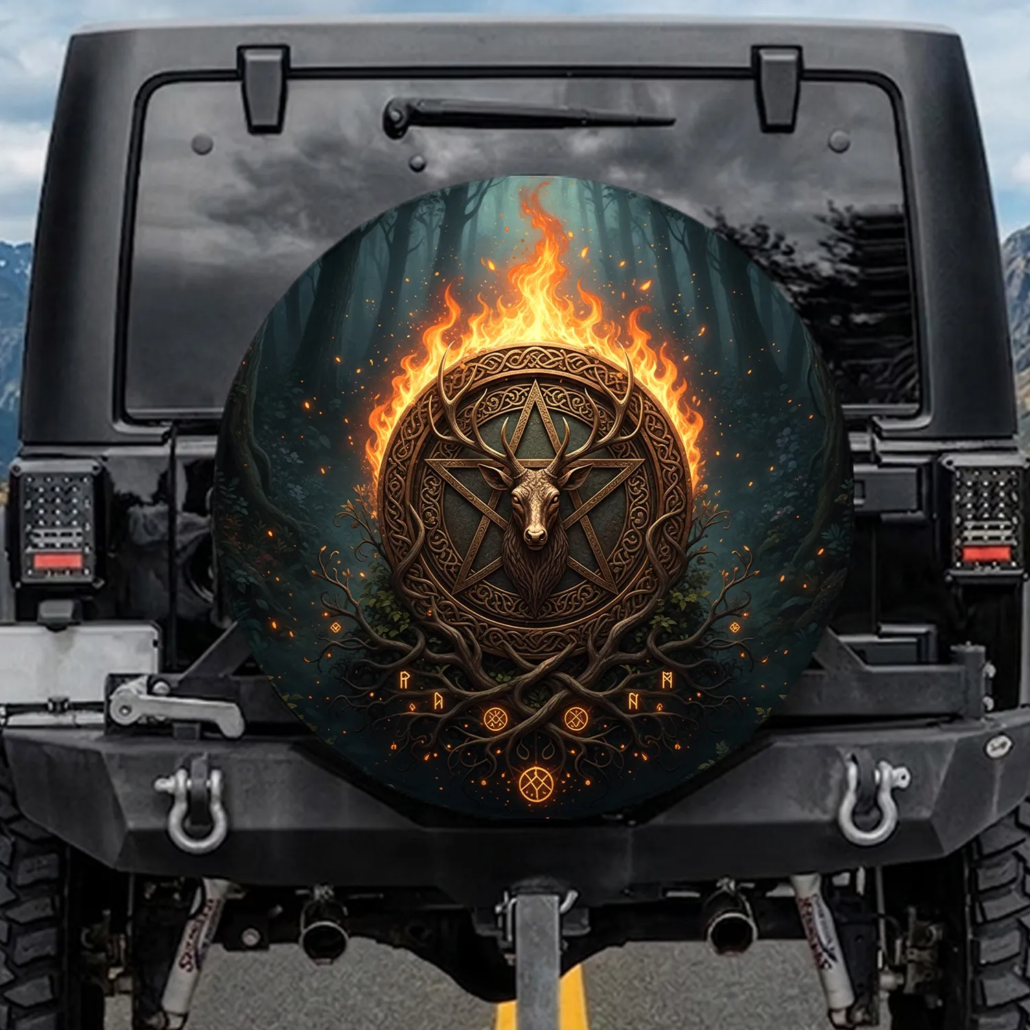 Bronze Pentagram Stag Head Flames - Fantasy Forest Decor Gift for Mystical Lover Spare Tire Cover - 1