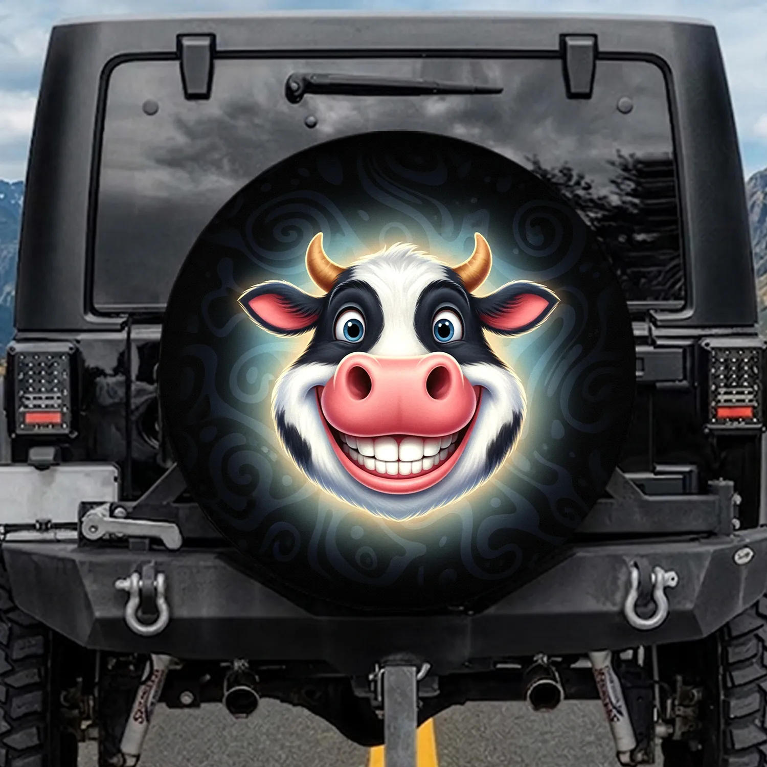 Grinning Cartoon Cow Head - Farmhouse Home Decor Gift for Cow Lover Spare Tire Cover - 1
