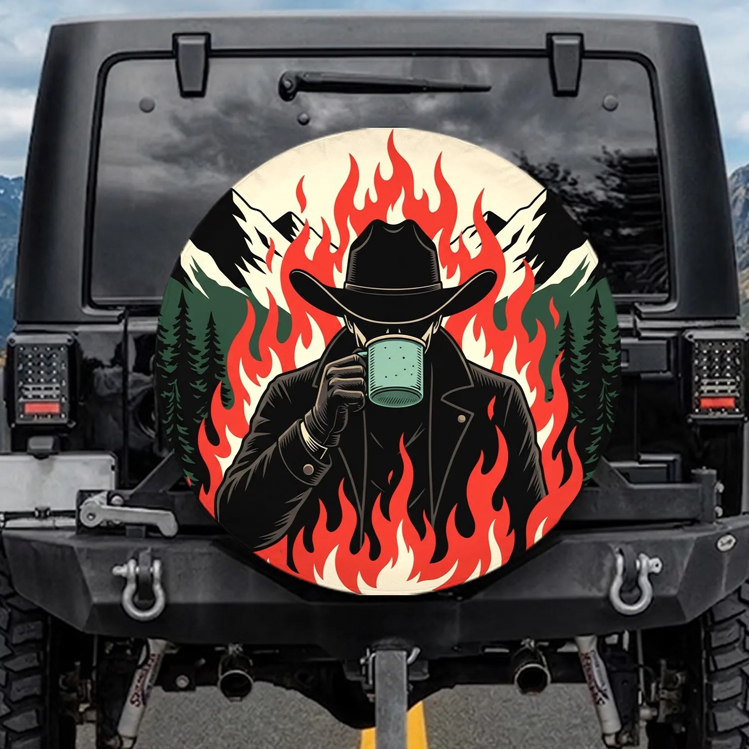 Anonymous Figure Cowboy Hat Mug Red Flames Mountain Pine - Rugged Adventure Gift Spare Tire Cover - 1