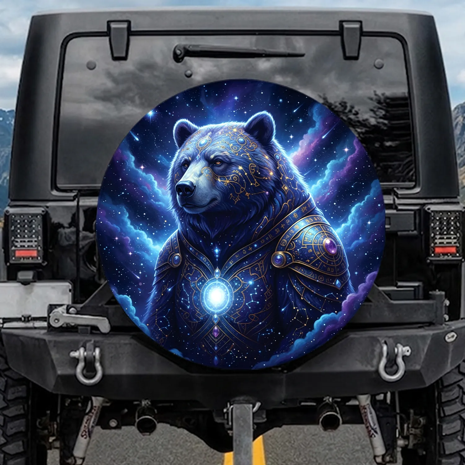 Majestic Cosmic Bear Constellation Golden Filigree Celestial Nebulae - Space Lover Gift for Stargazers Spare Tire Cover - 1
