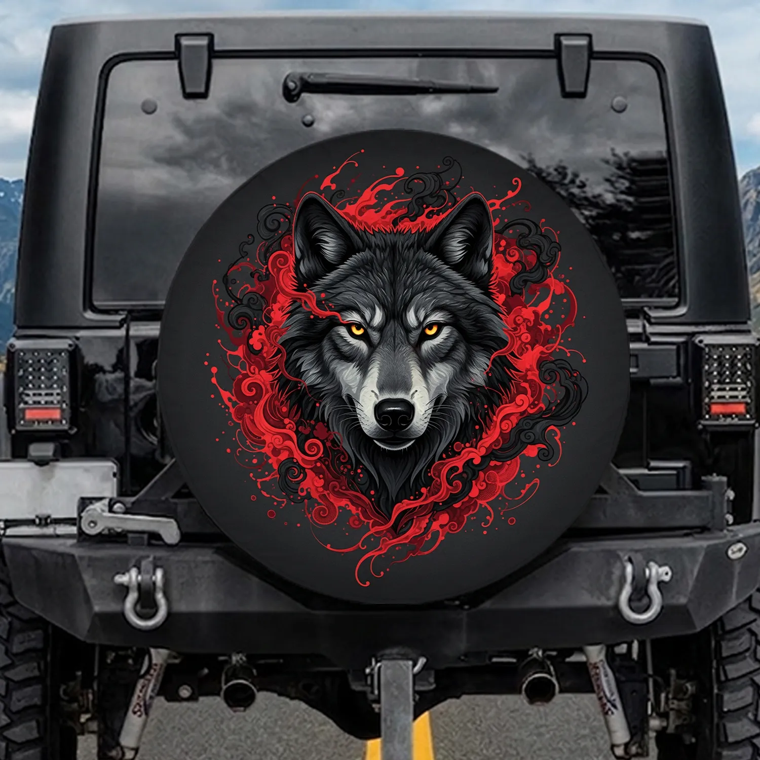Wolf Head Forward Facing Glowing Eyes Crimson Splatter Smoke Wisps - Wildlife Lover Gift Spare Tire Cover - 1