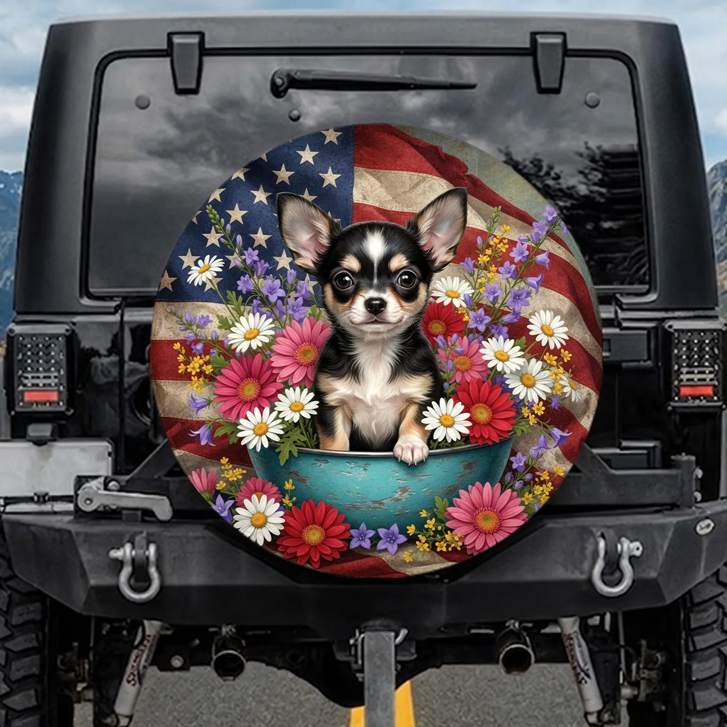 Tri-color Chihuahua Wildflower American Flag - Independence Day Gift for Dog Lovers Spare Tire Cover - 1