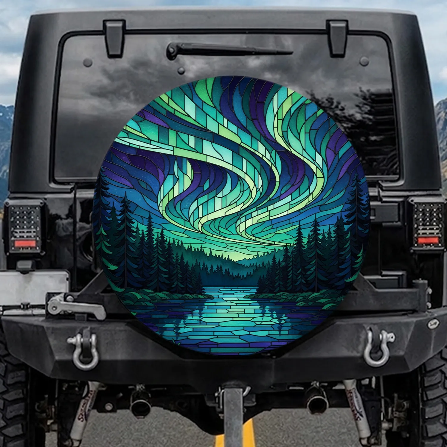 Aurora Borealis Night Forest Water - Adventure Lover Gift Spare Tire Cover - 1