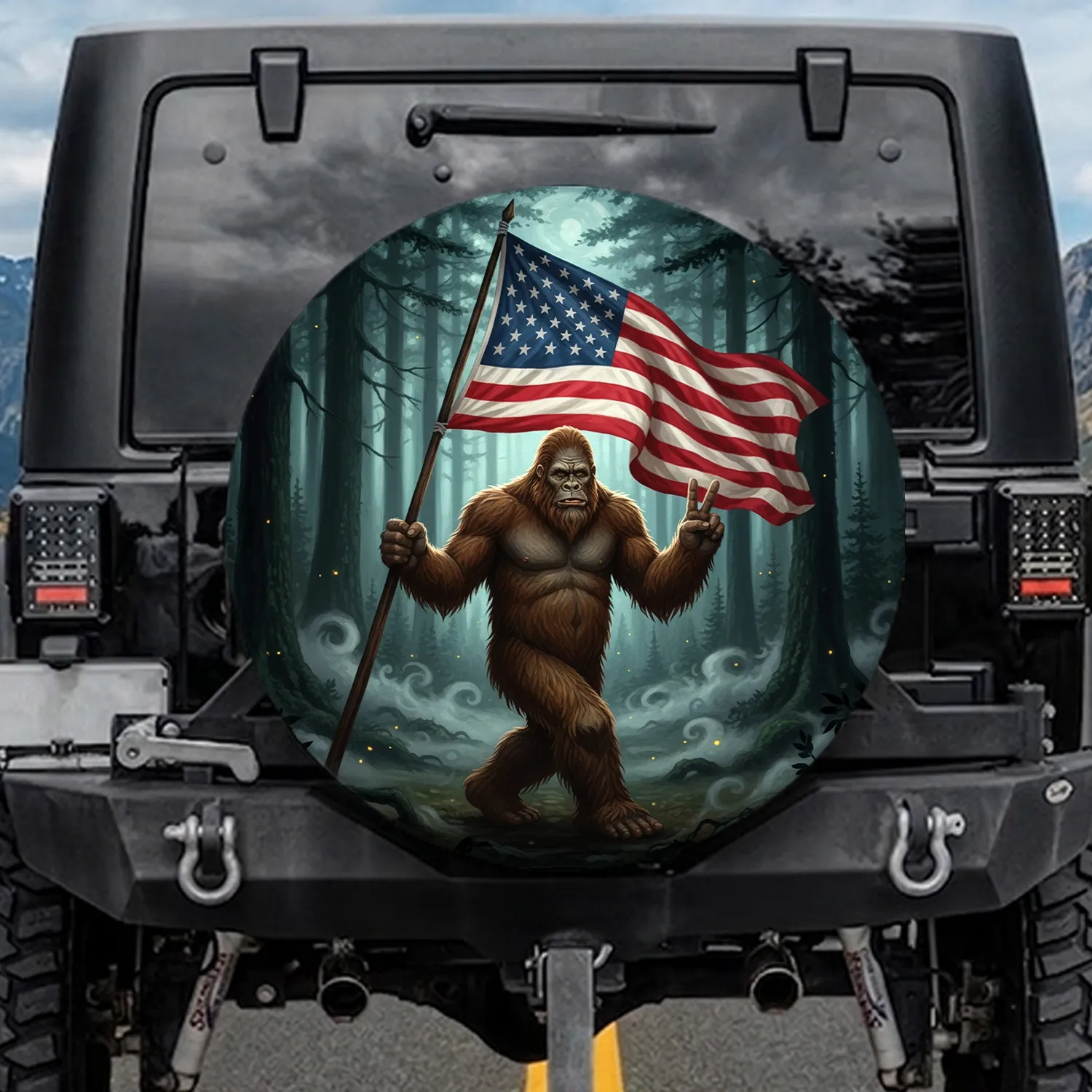 Bigfoot American Flag Peace Sign - Forest Adventure Gear Gift Spare Tire Cover - 1