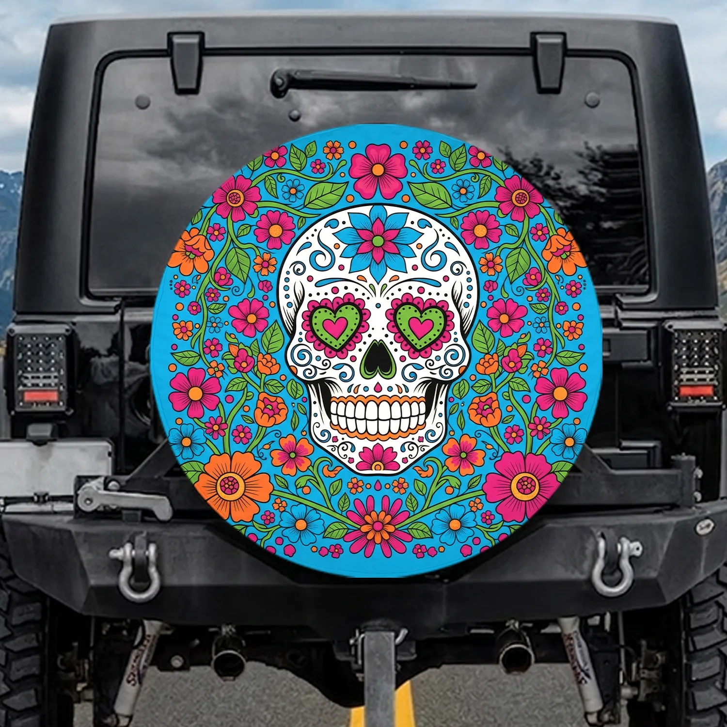 White Sugar Skull Calavera Mexican Floral - Dia de los Muertos Celebration Spare Tire Cover - 1