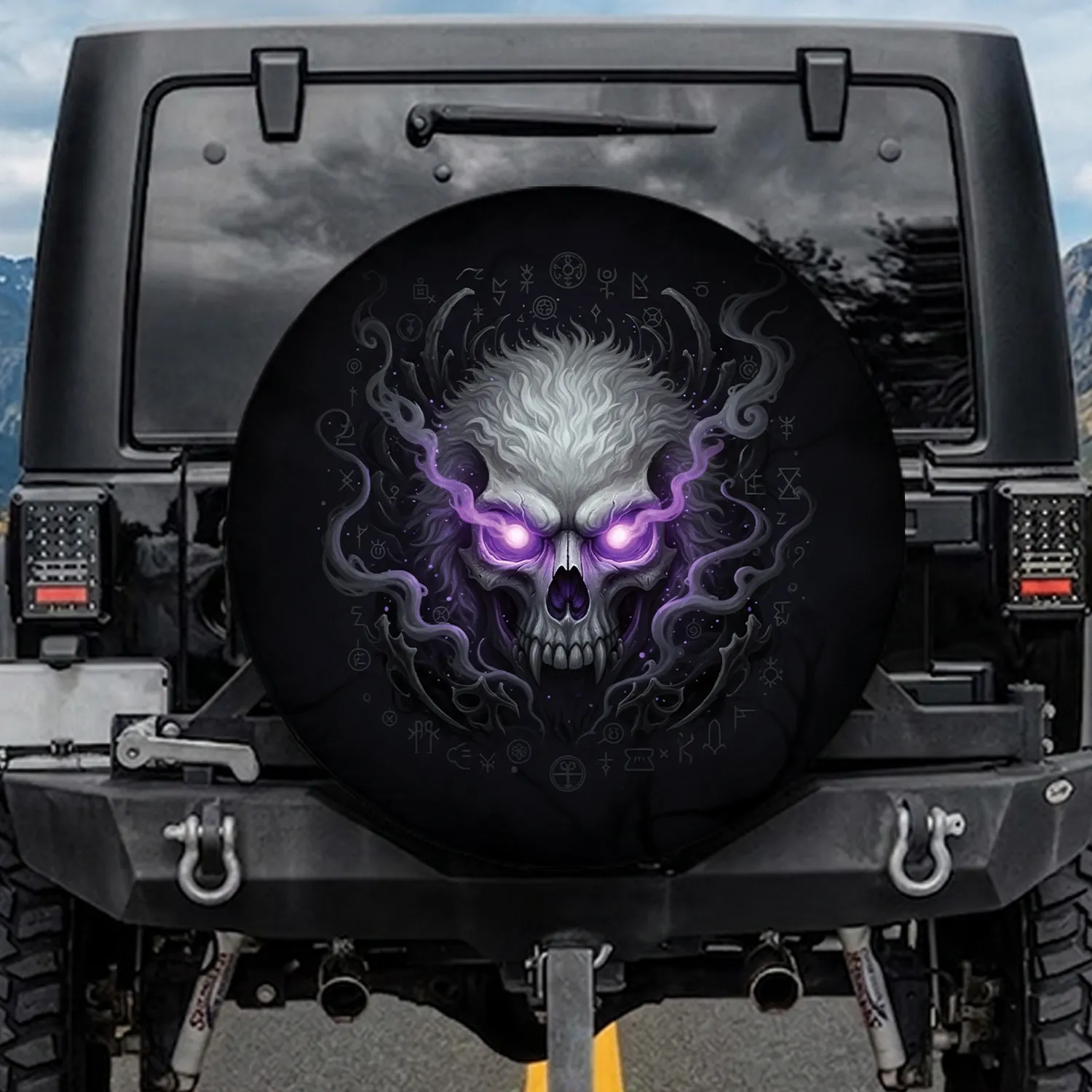 Shaggy Furry Skull Purple Eyes Mystical Symbols Dark Energy - Home Decor Gift Spare Tire Cover - 1