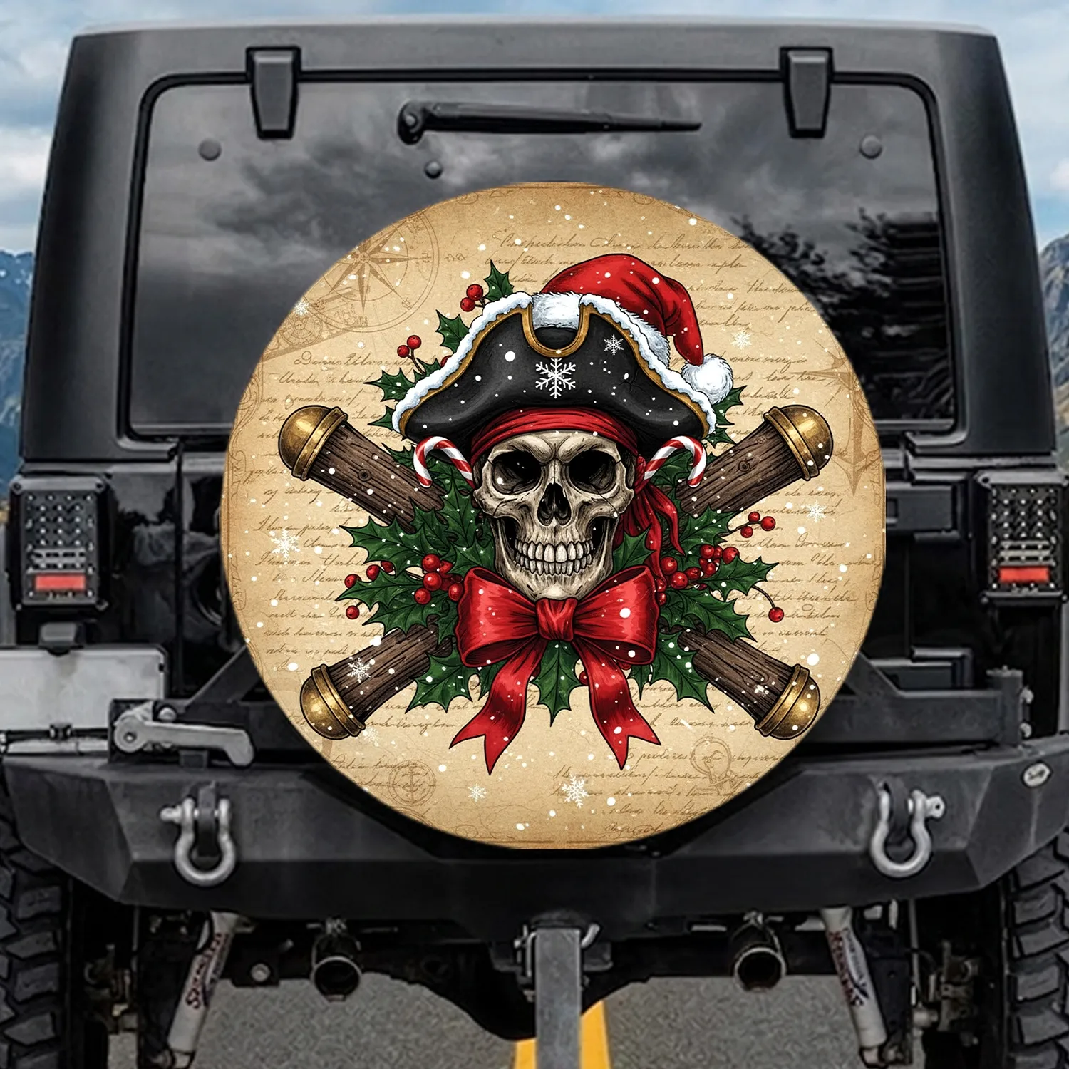 Pirate Santa Skull Bludgeons Holly - Christmas Holiday Gift Spare Tire Cover - 1
