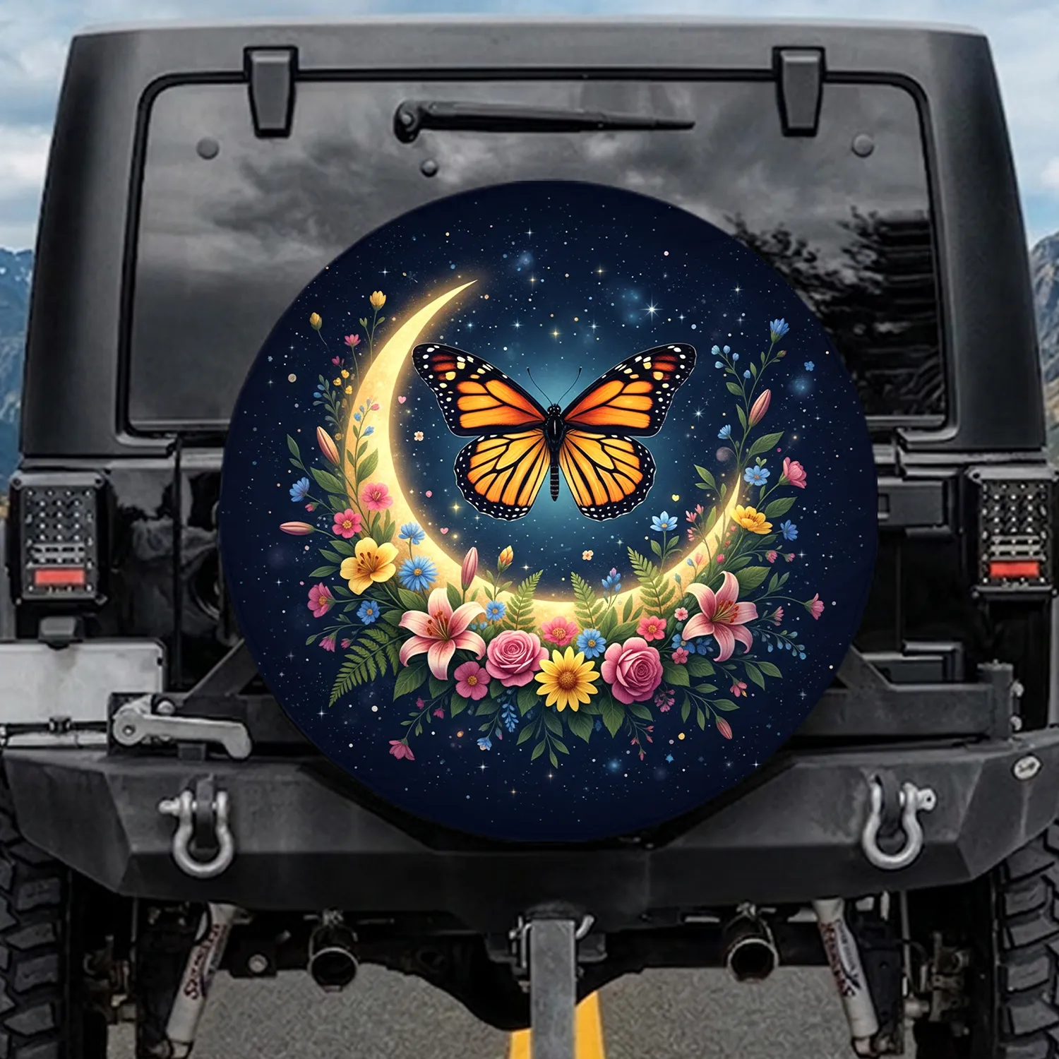 Monarch Butterfly Golden Moon Wildflowers - Nature Lover Gift Spare Tire Cover - 1