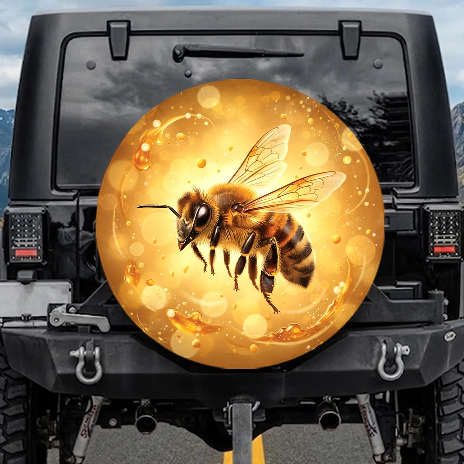 Honey Bee Golden Bokeh Sunlit Pollen - Wildlife Lover Gift Spare Tire Cover - 1