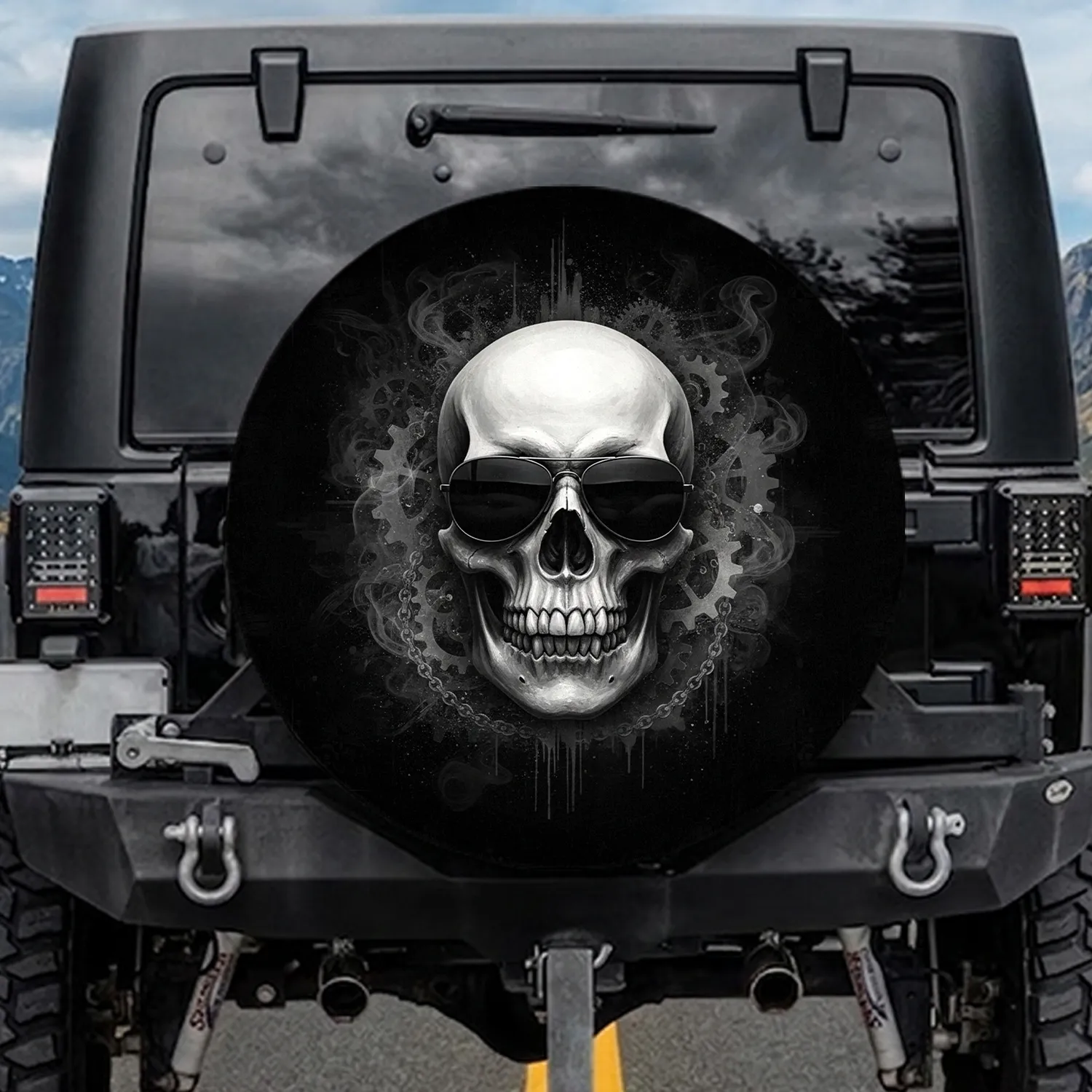 Human Skull Dark Sunglasses Industrial Gears – Auto Accessory Gift for Men Spare Tire Cover - 1
