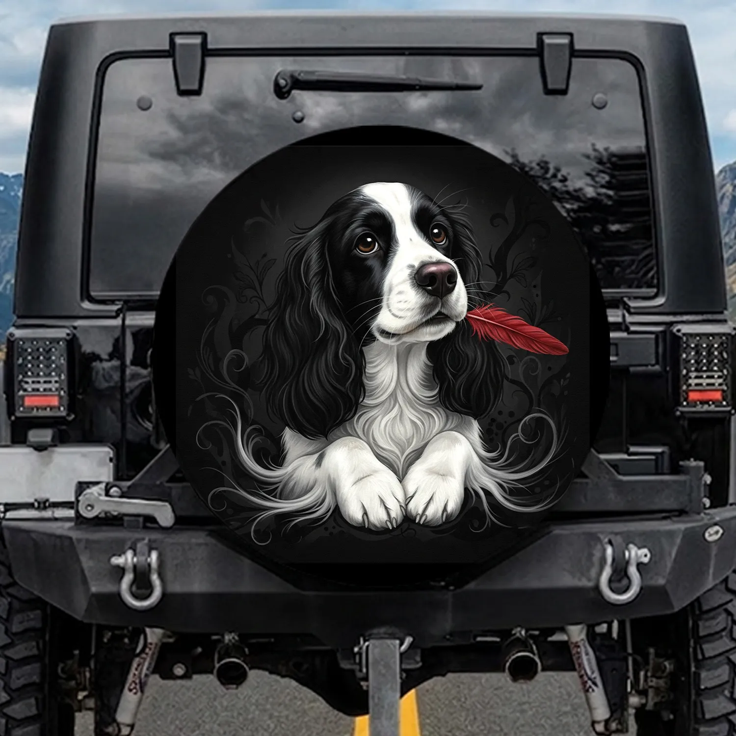 Black White Spaniel Dog Red Feather - Dog Lover Home Decor Gift Spare Tire Cover - 1