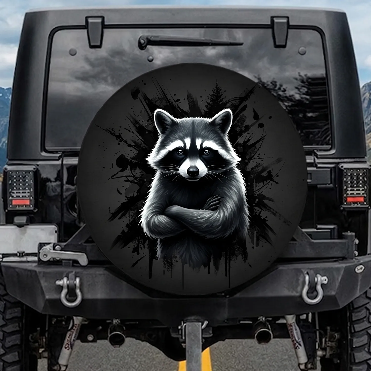 Confident Raccoon Crossed Arms Black Mask White Grey Fur Forest - Wildlife Lover Gift Spare Tire Cover - 1