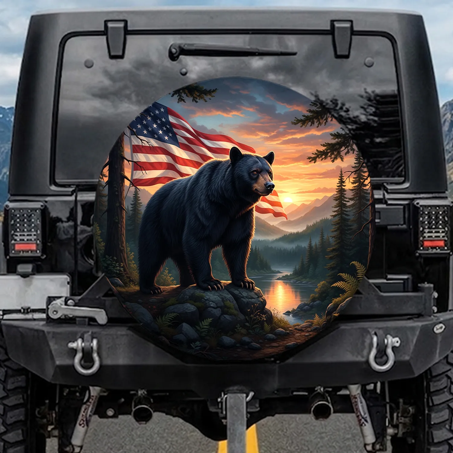 Black Bear American Flag Sunset Mountain - Patriotic Wildlife Lover Gift Spare Tire Cover - 1