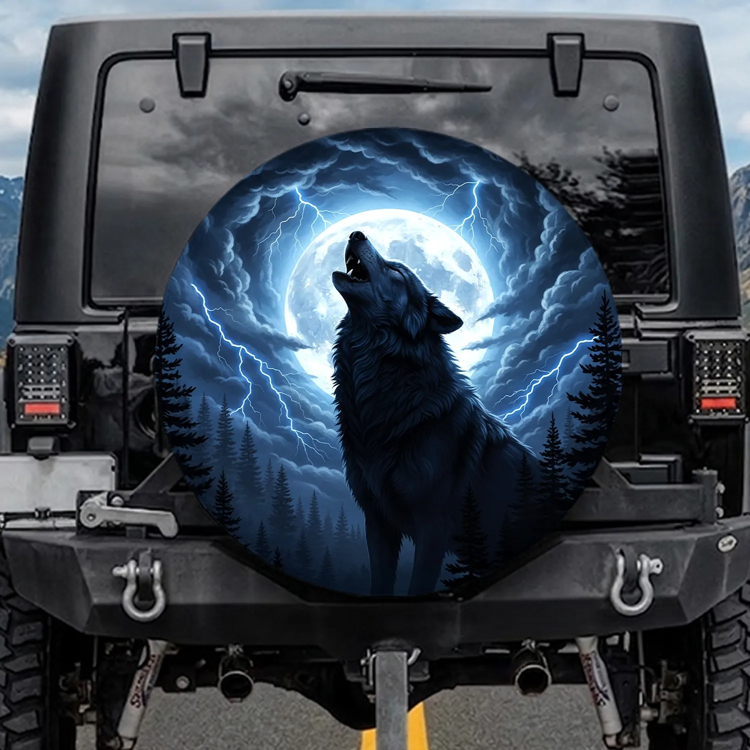Black Wolf Howling Full Moon Stormy Night Pine Forest Electric Lightning - Wildlife Lover Gift Spare Tire Cover - 1