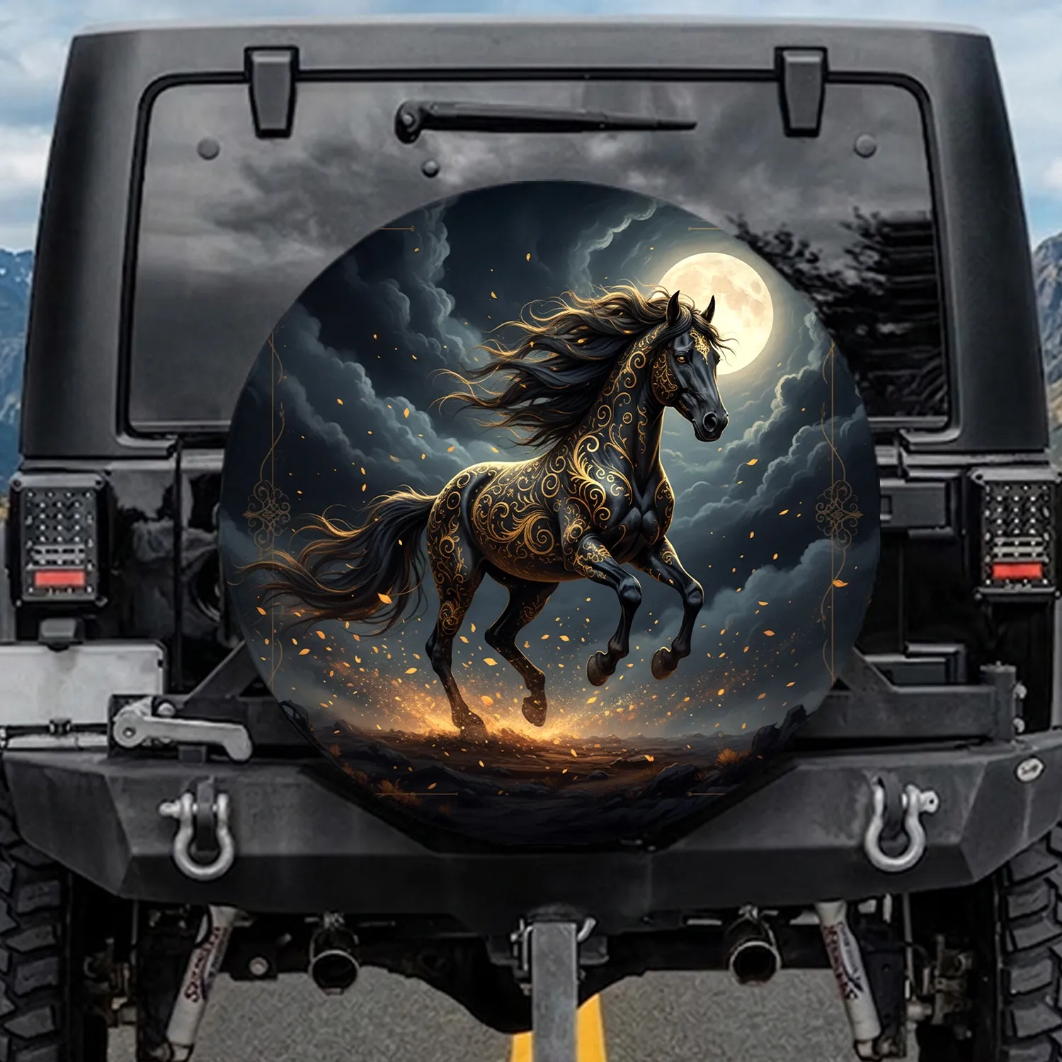 Galloping Black Horse Golden Scrollwork Full Moon - Mystical Fantasy Decor Gift Spare Tire Cover - 1
