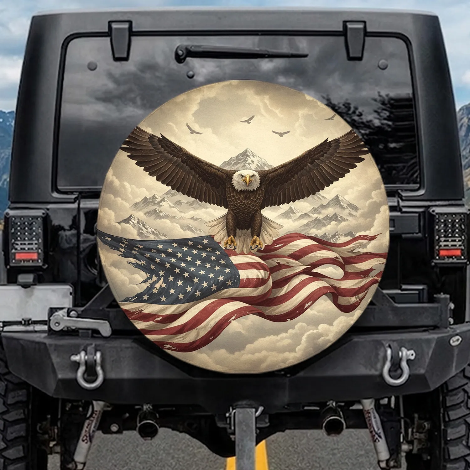 Bald Eagle American Flag Mountains - Independence Day Gift for Veterans Spare Tire Cover - 1