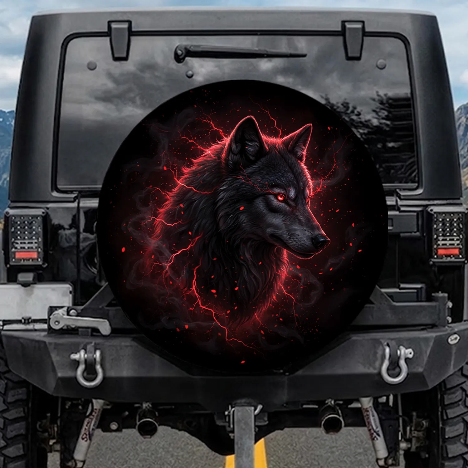 Wolf Head Glowing Red Eyes Dark Fur Red Energy Embers - Wildlife Lover Gift for Wolf Lovers Spare Tire Cover - 1