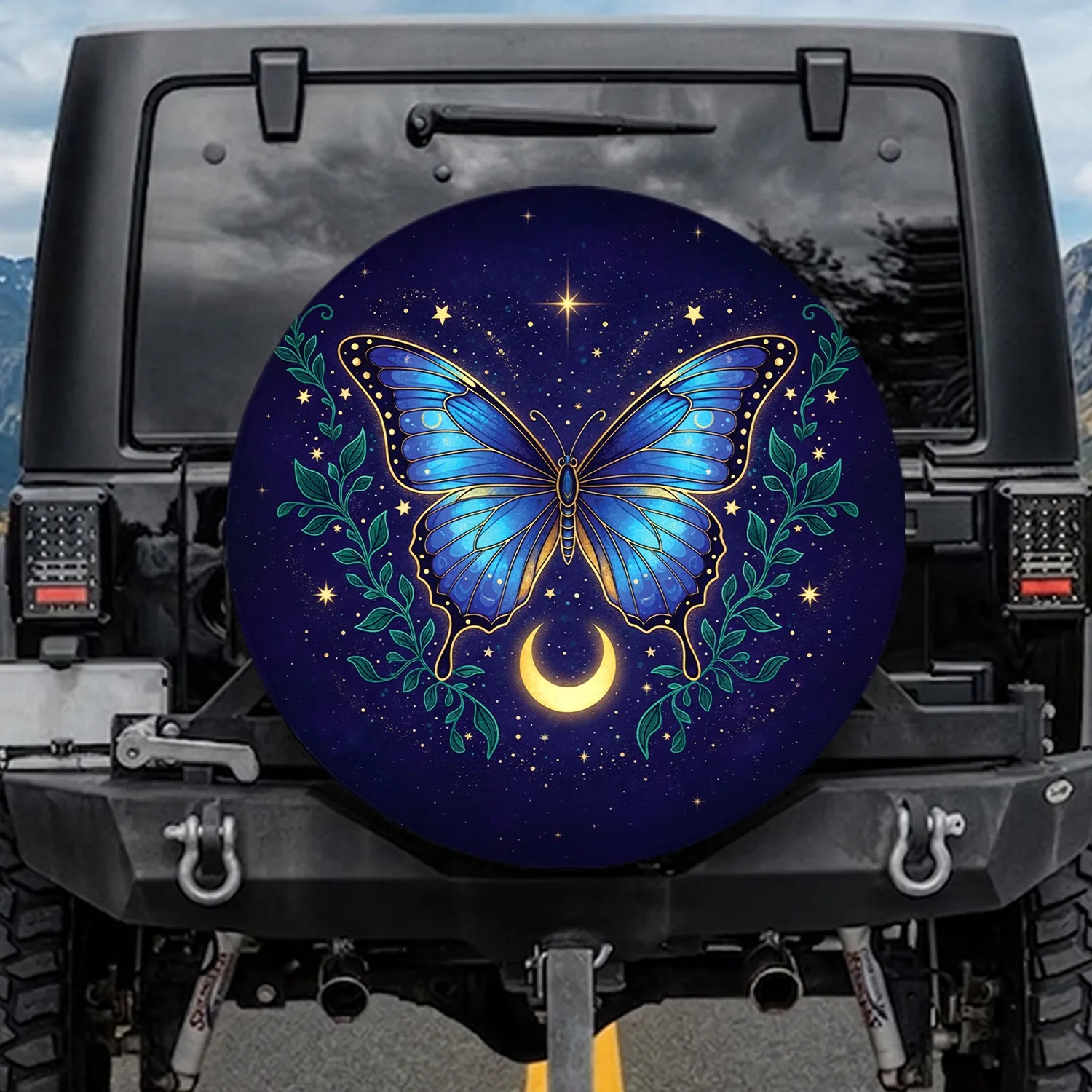 Blue Butterfly Golden Moon Celestial Stars Indigo Night Sky - Mystical Decor Gift Spare Tire Cover - 1