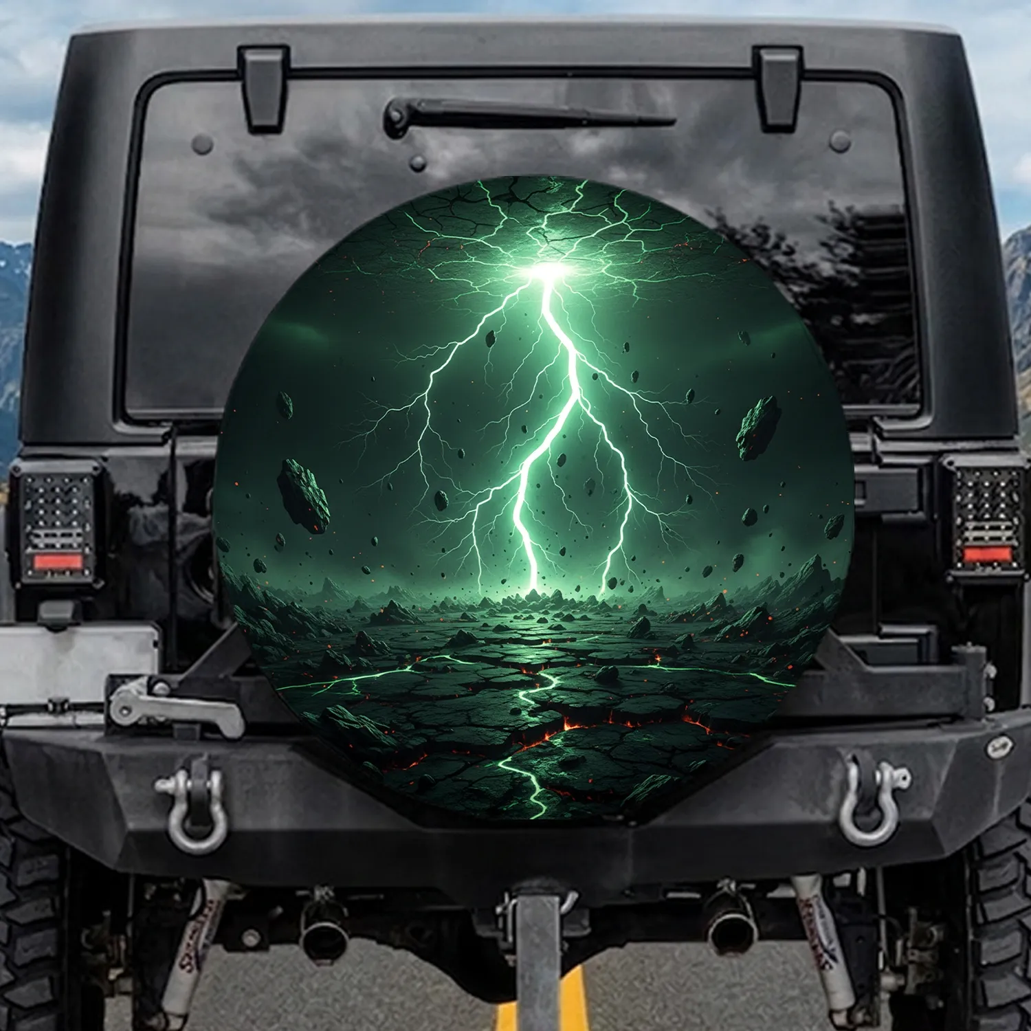 Electric Green Lightning Bolt Cracked Earth - Adventure Lifestyle Gift Spare Tire Cover - 1